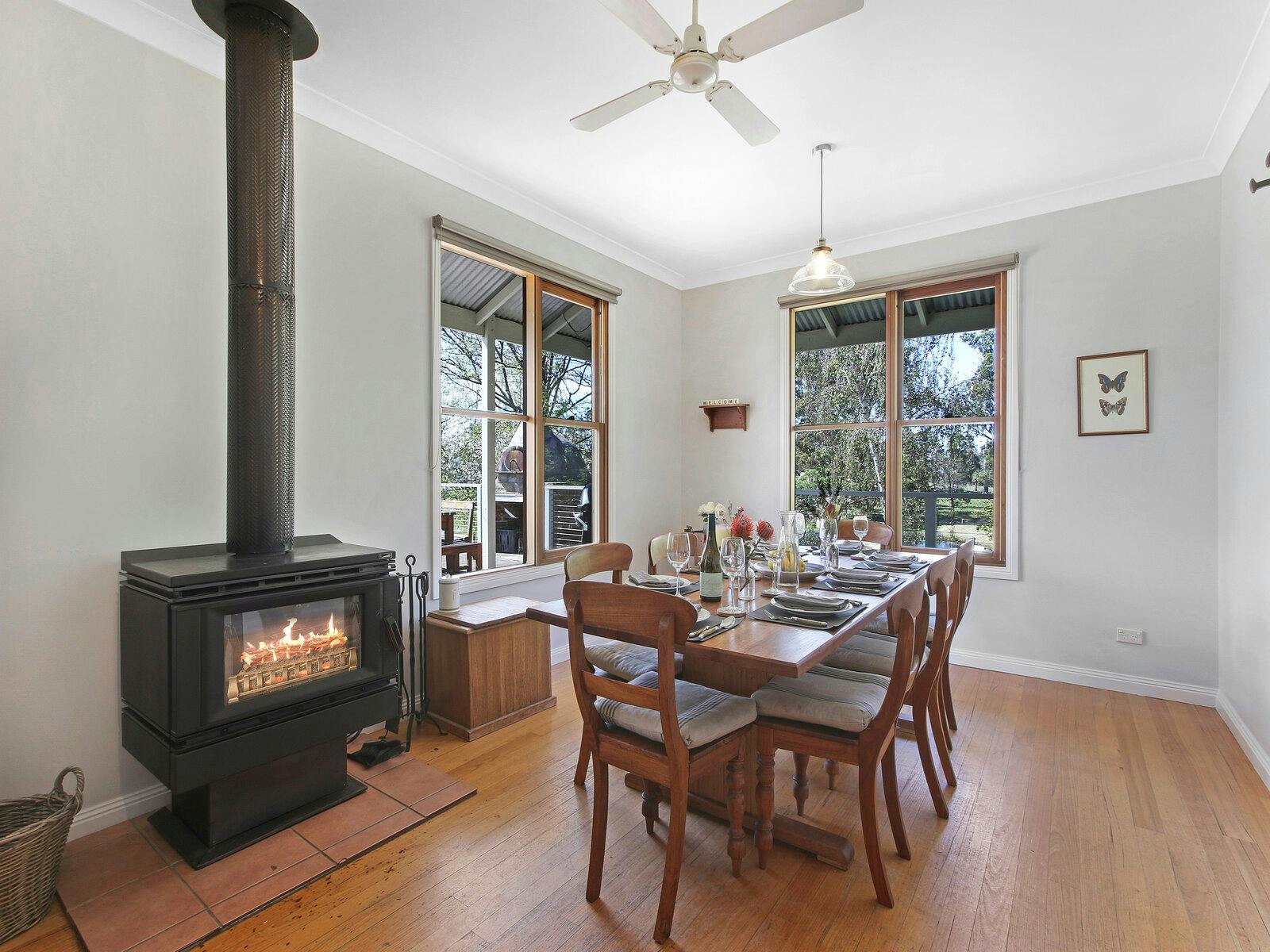 Open plan dining featuring log fire