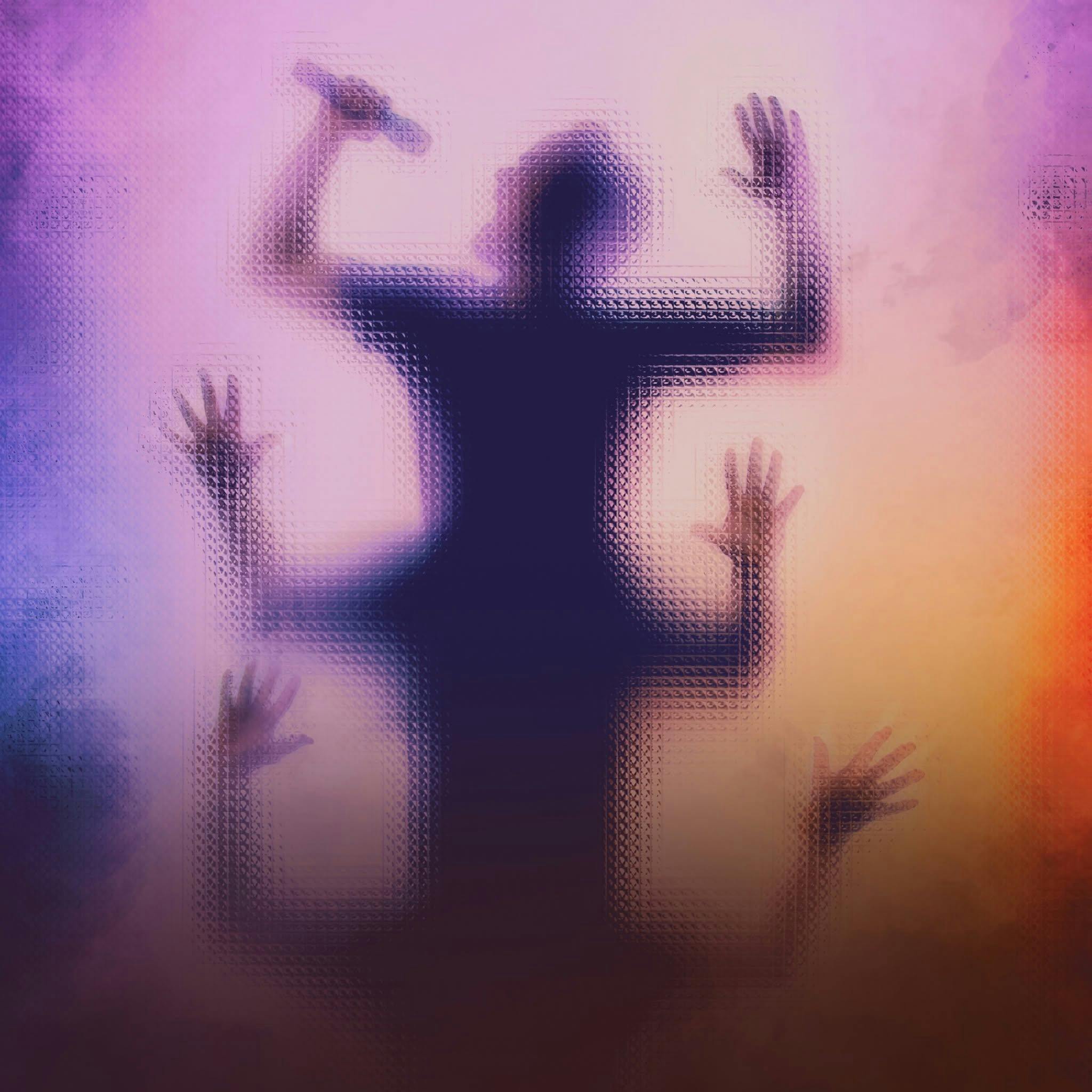A silhouette of a singular body with three sets of arms and one head, on a pastel background