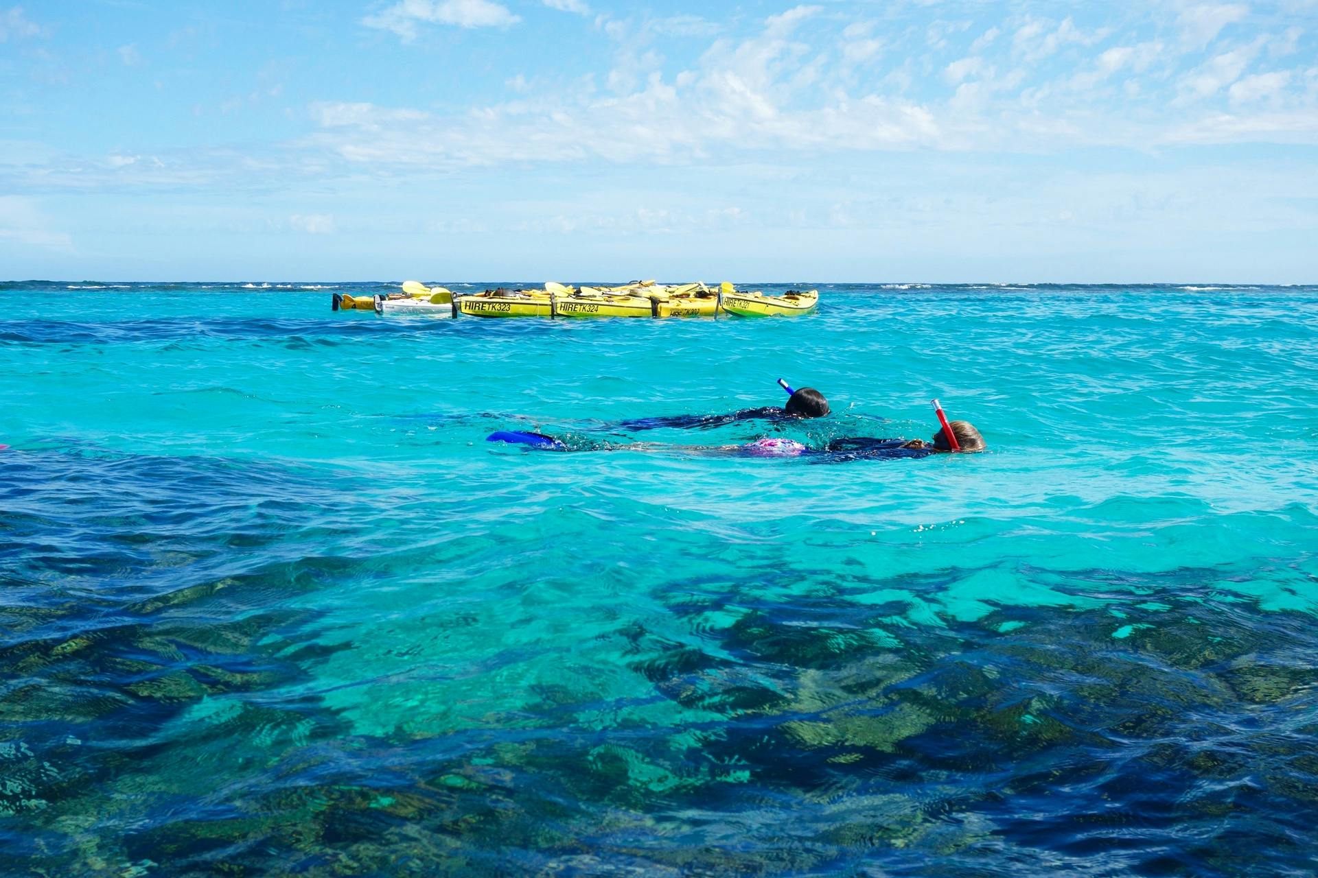 Two people snorkel in turquoise water with their kayaks anchored in the background