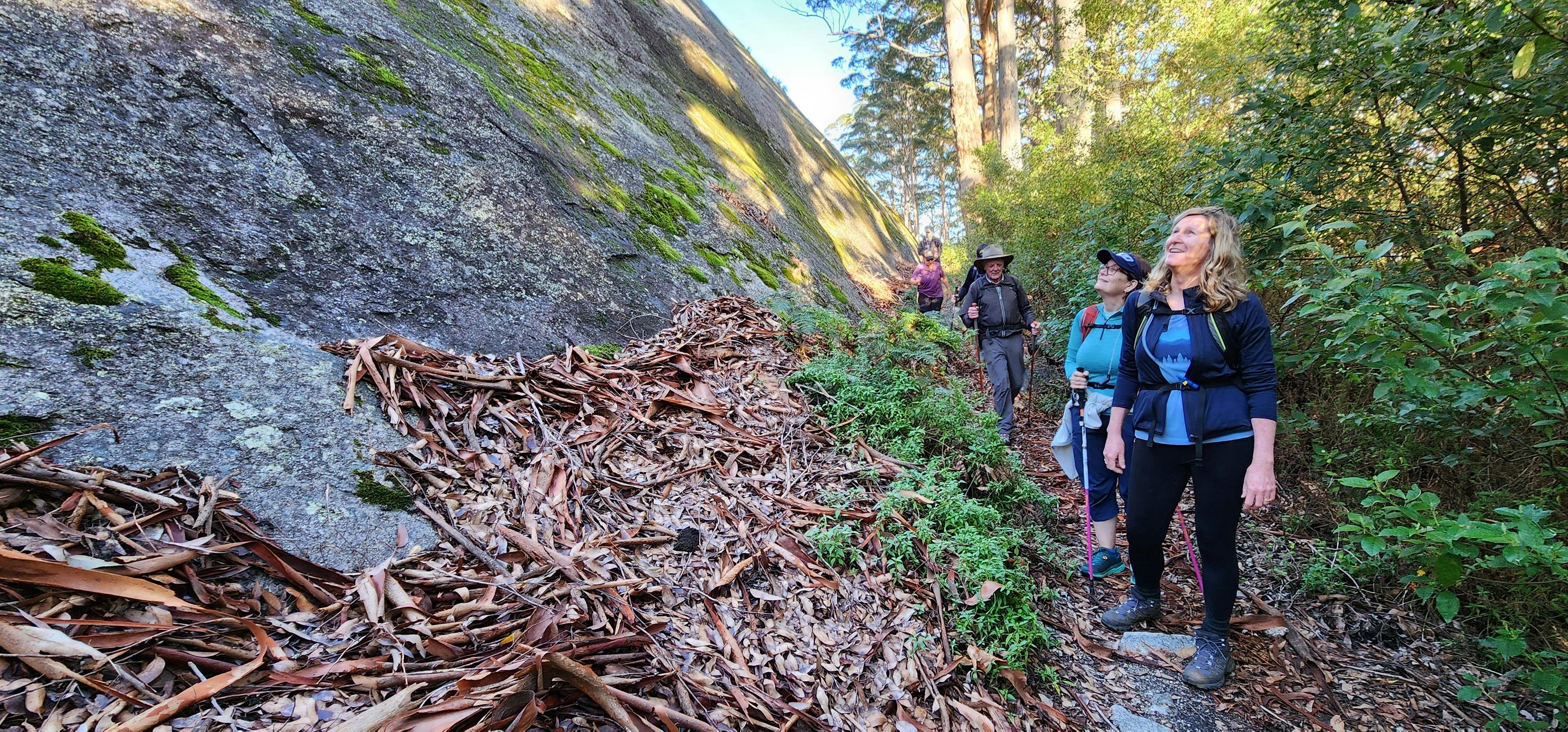Hikers standing at base of Mt Frankland giant granite dome