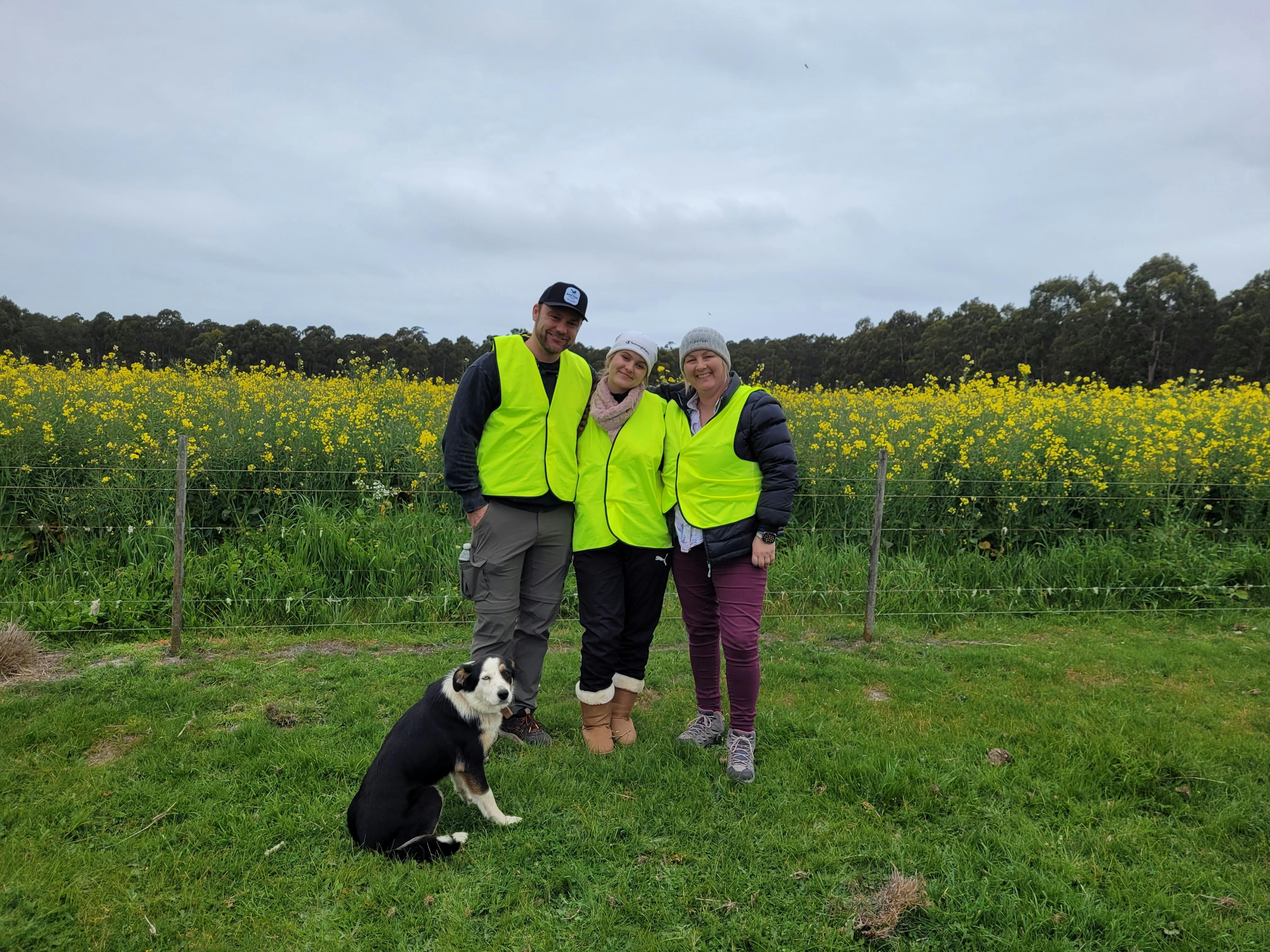 Family in Canola crop with sheep dog - Poppy