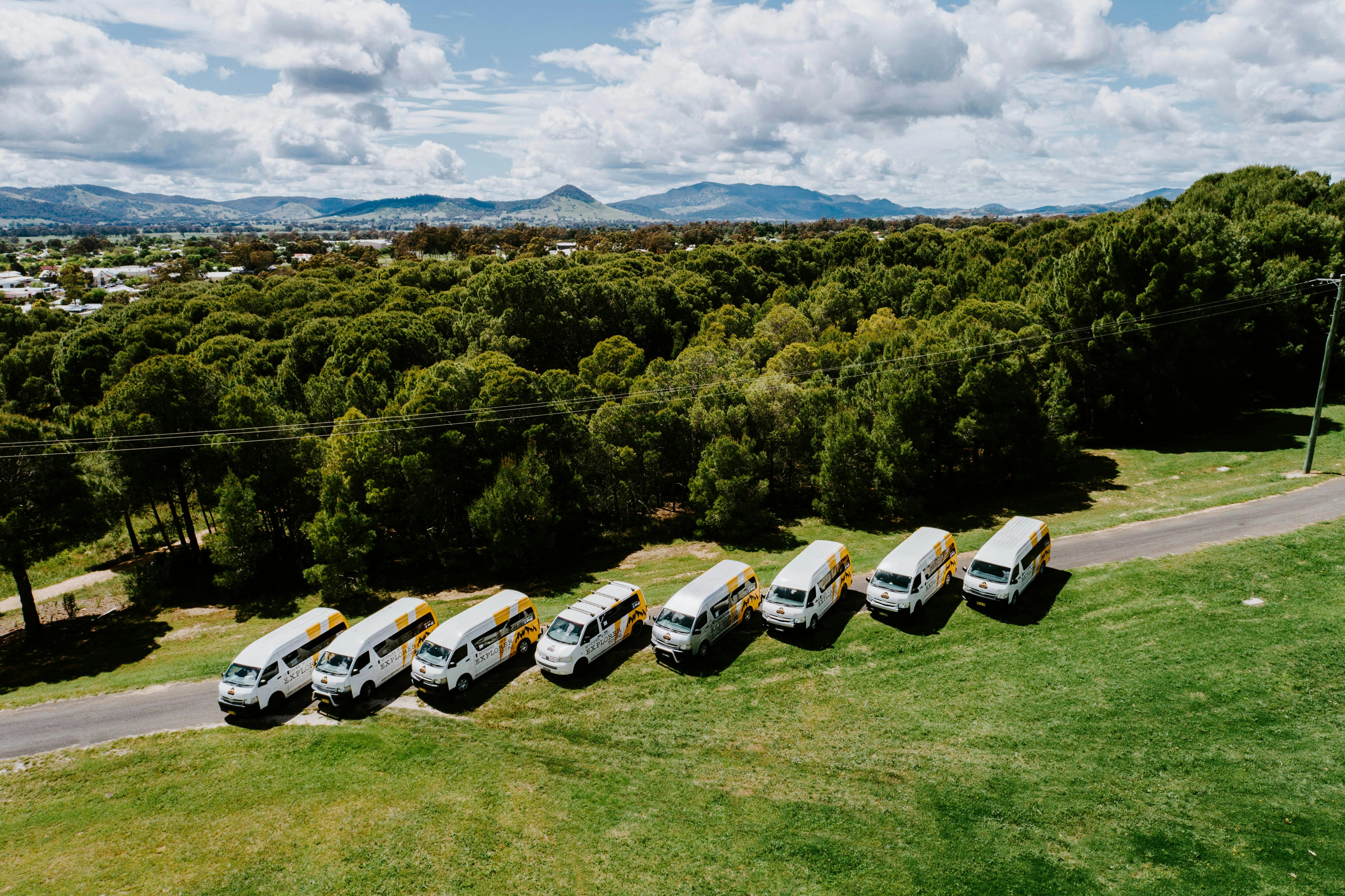 Over head drone shot of buses lined up