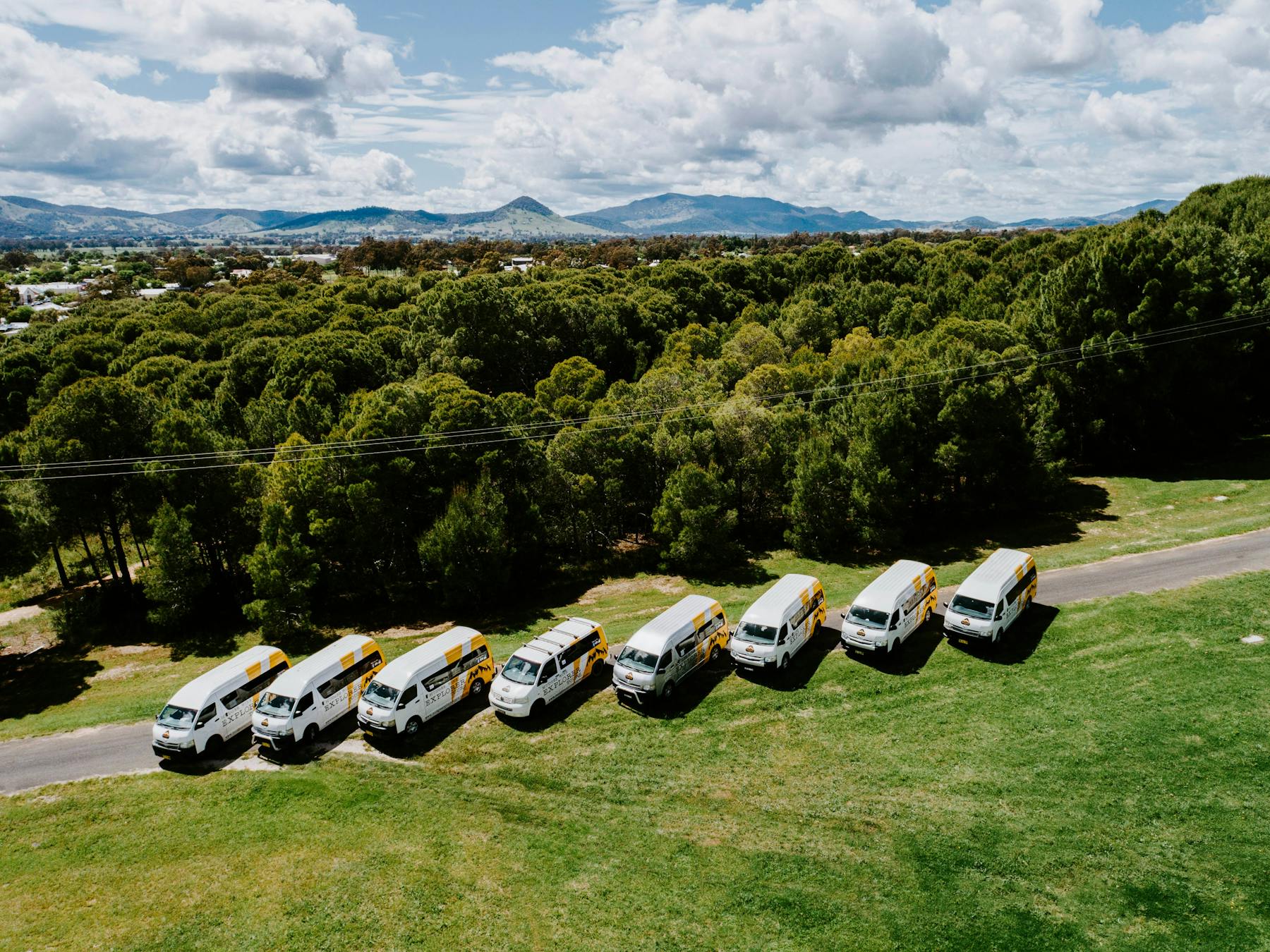 Over head drone shot of buses lined up