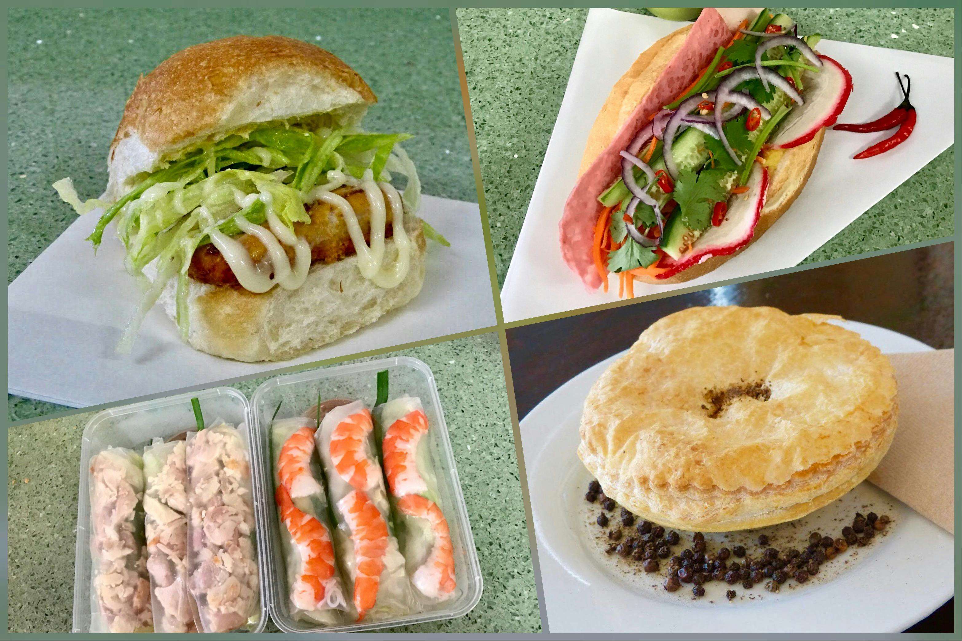 Chicken Burger, Pork Roll, Rice Paper Rolls, Steak & Pepper Pie