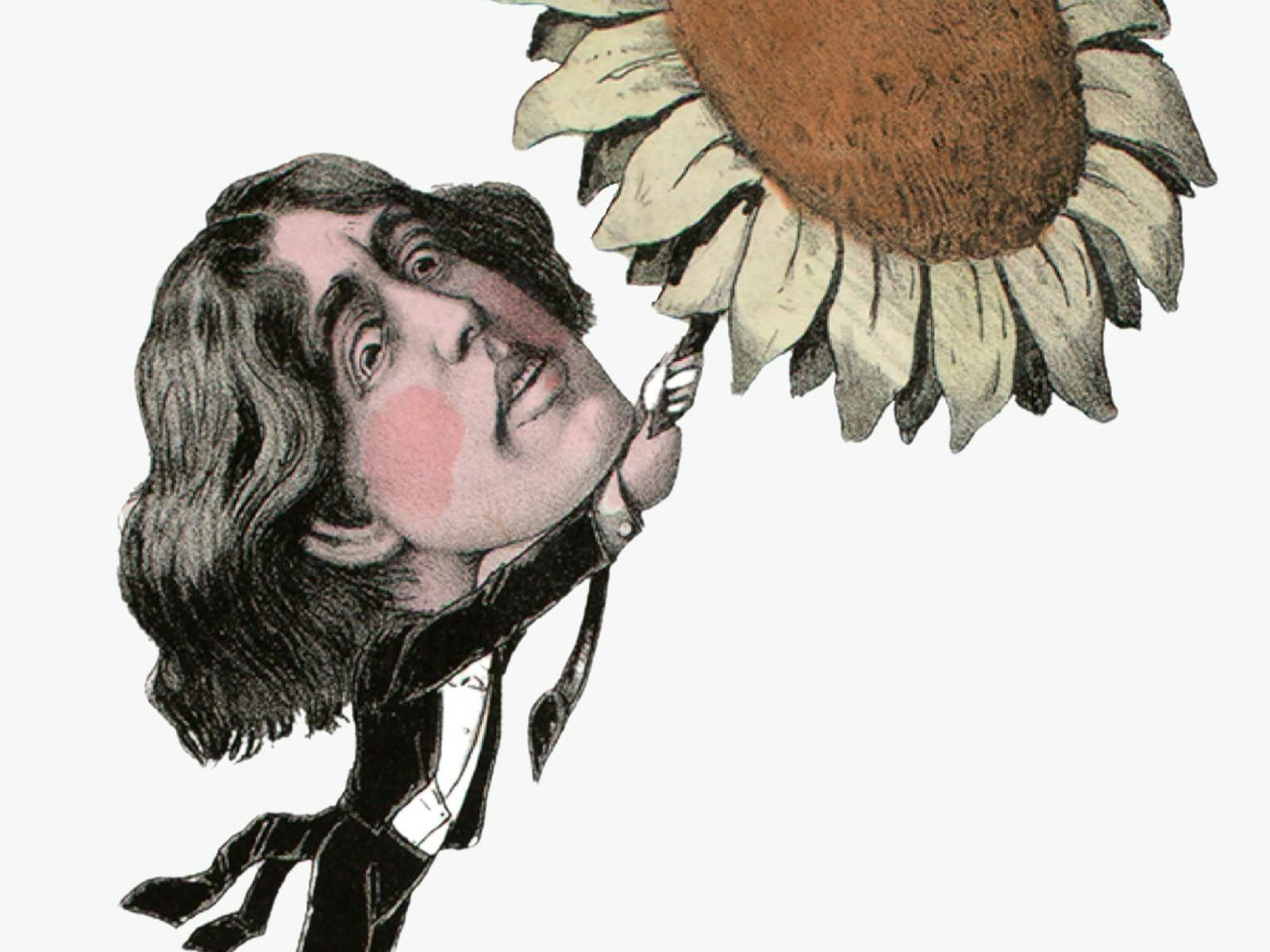 A cartoon of poet Oscar Wilde with a giant sunflower, symbol of the Aesthetics Movement