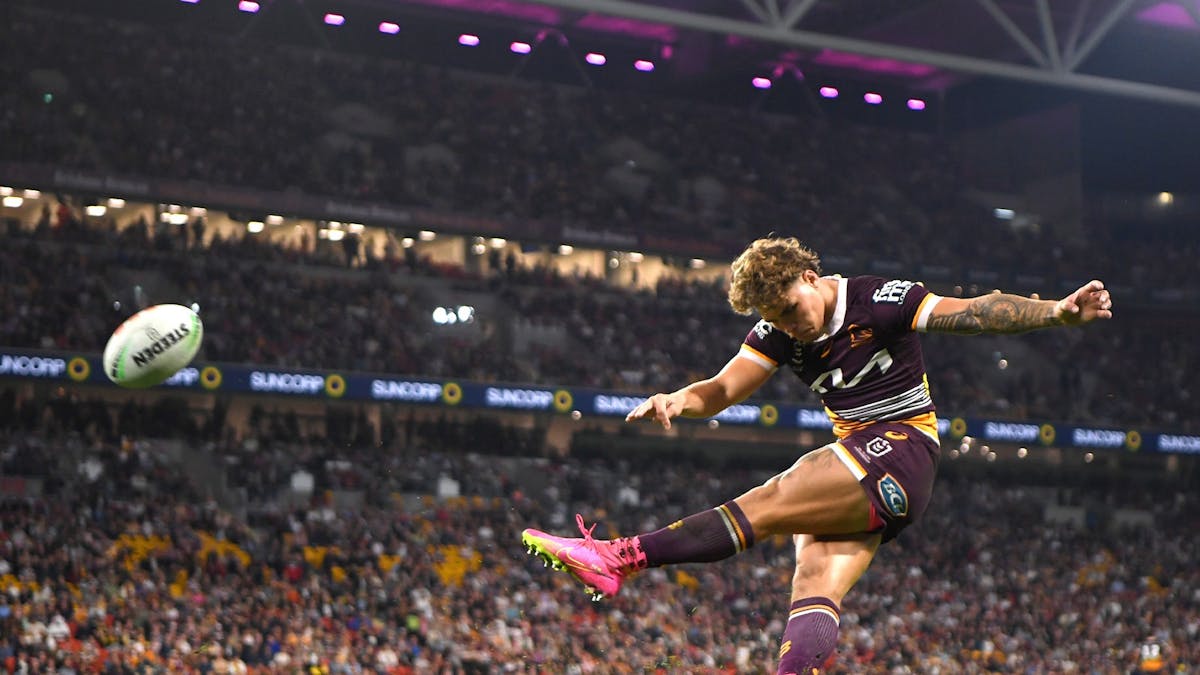 Reece Walsh goal kicking for the Brisbane Broncos Reece Walsh goal kicking for the Brisbane Broncos