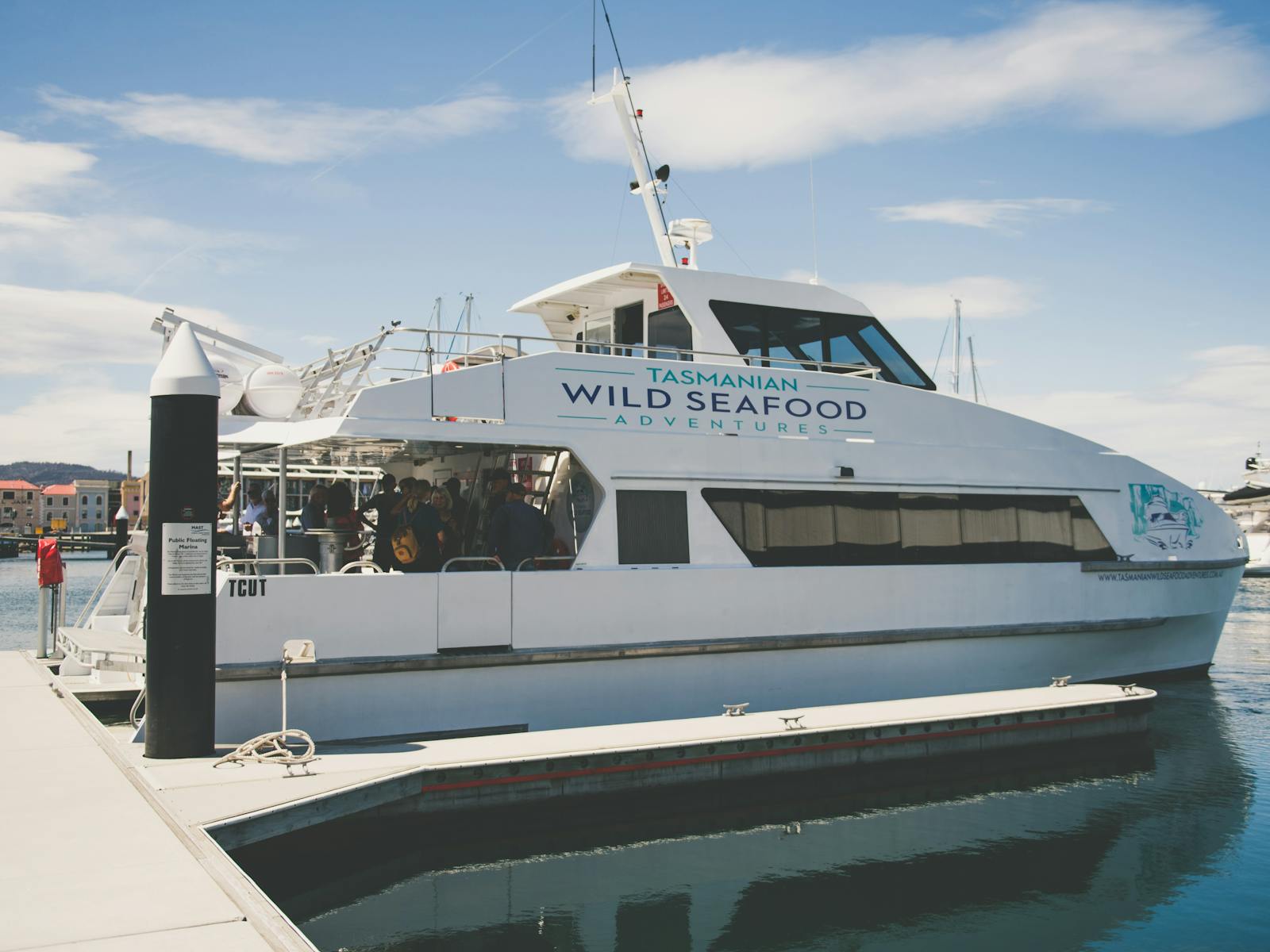 Our luxury catamaran "Cuttlefish" ready to cruise the River Derwent