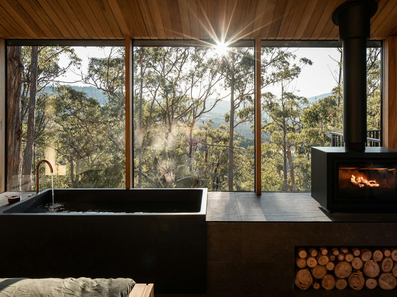 Hunter Huon Valley, bath, view  of valley and toasty wood fireplace