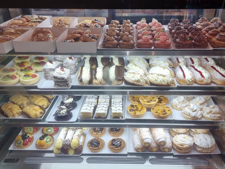 Window of continental cakes and pastries