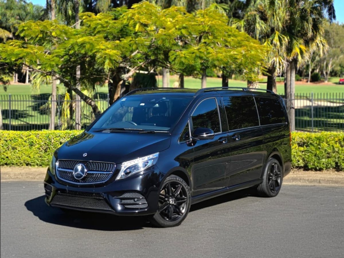 Black Mercedes-Benz van parked near a golf course with palm trees and hedges in the background.