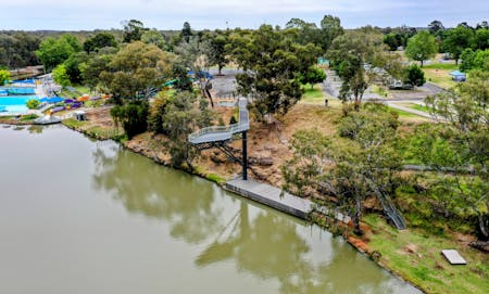 Aerial view of elevated viewing platform at Lake Talbot, Narrandera NSW