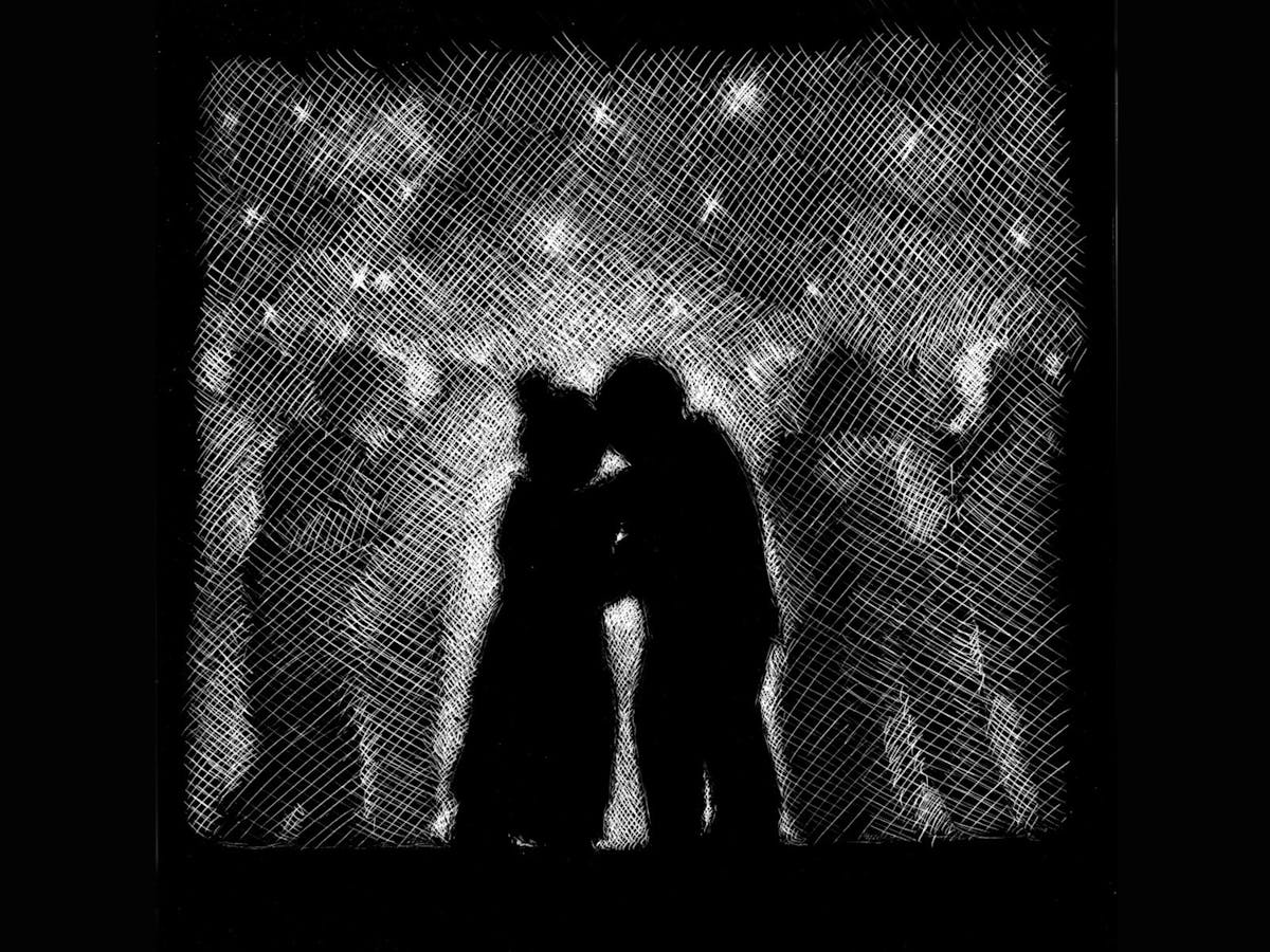 Black background with white lines etched to create the silhouette of a man and woman slow dancing