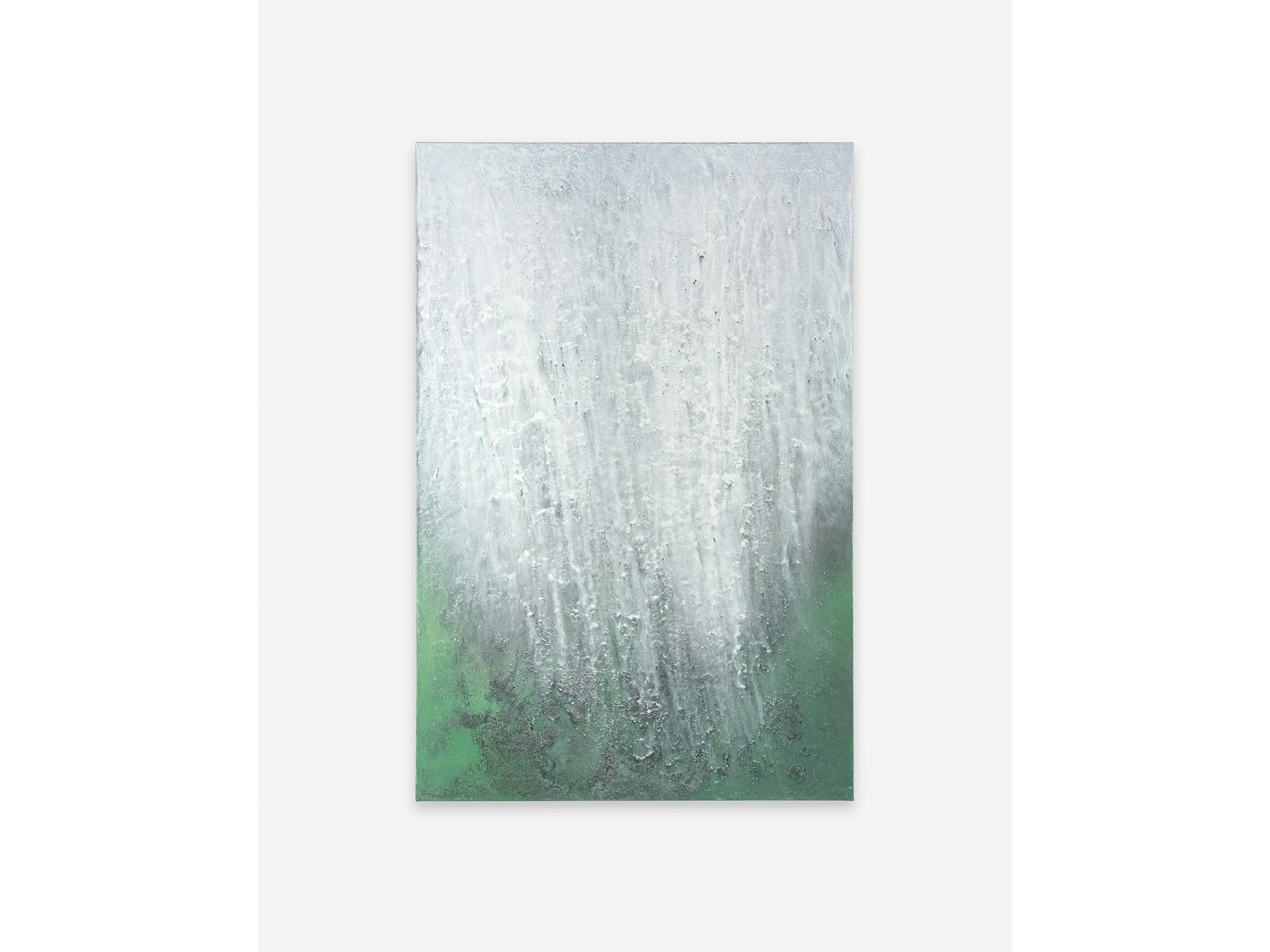 A painting by Ash Keating depicting a cascading waterfall, capturing the movement and force of water