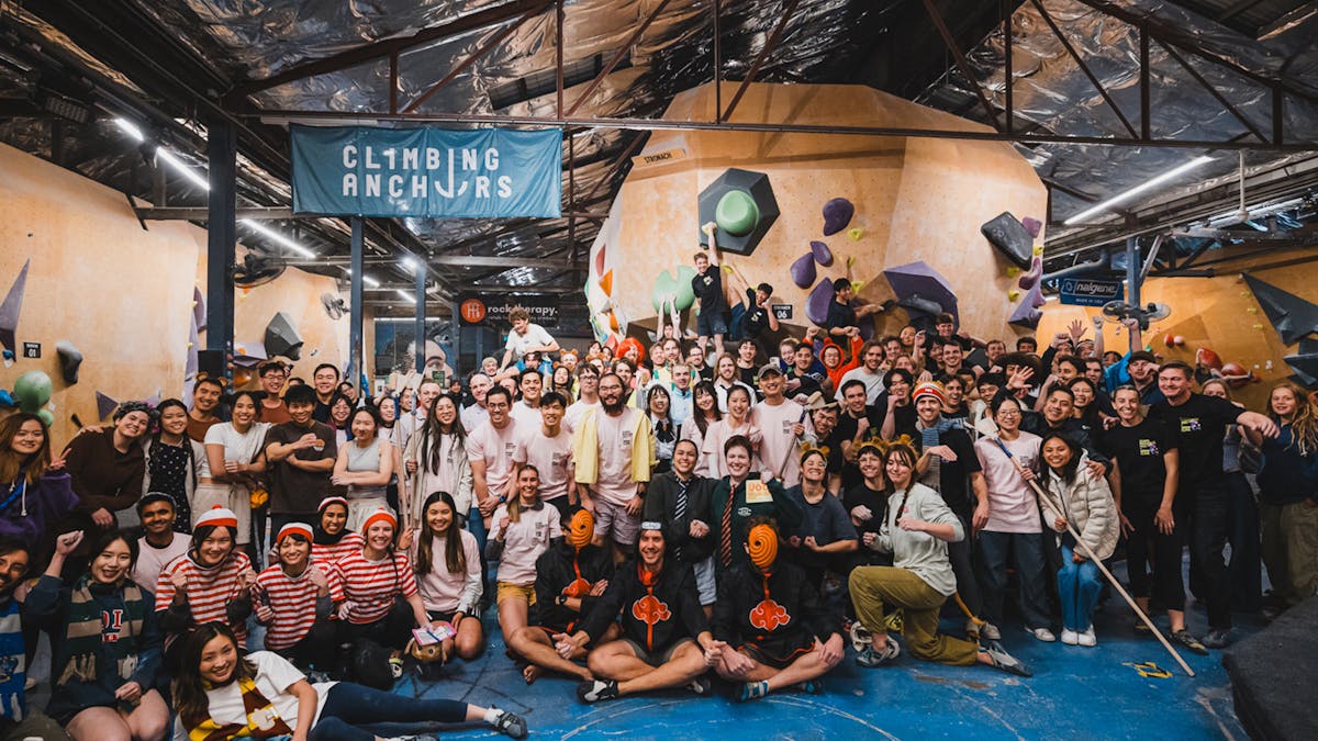 A large group of climbers, dressed in costumes and in teams, pose for a photo