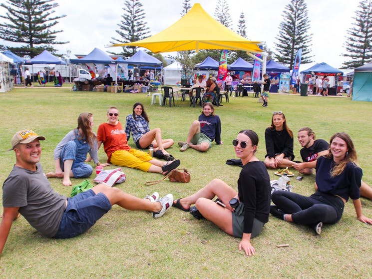 Group of young people relaxing at the market