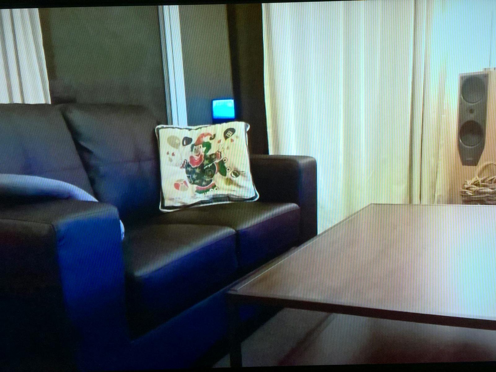 Lounge sofa, table TV, speaker not provided.