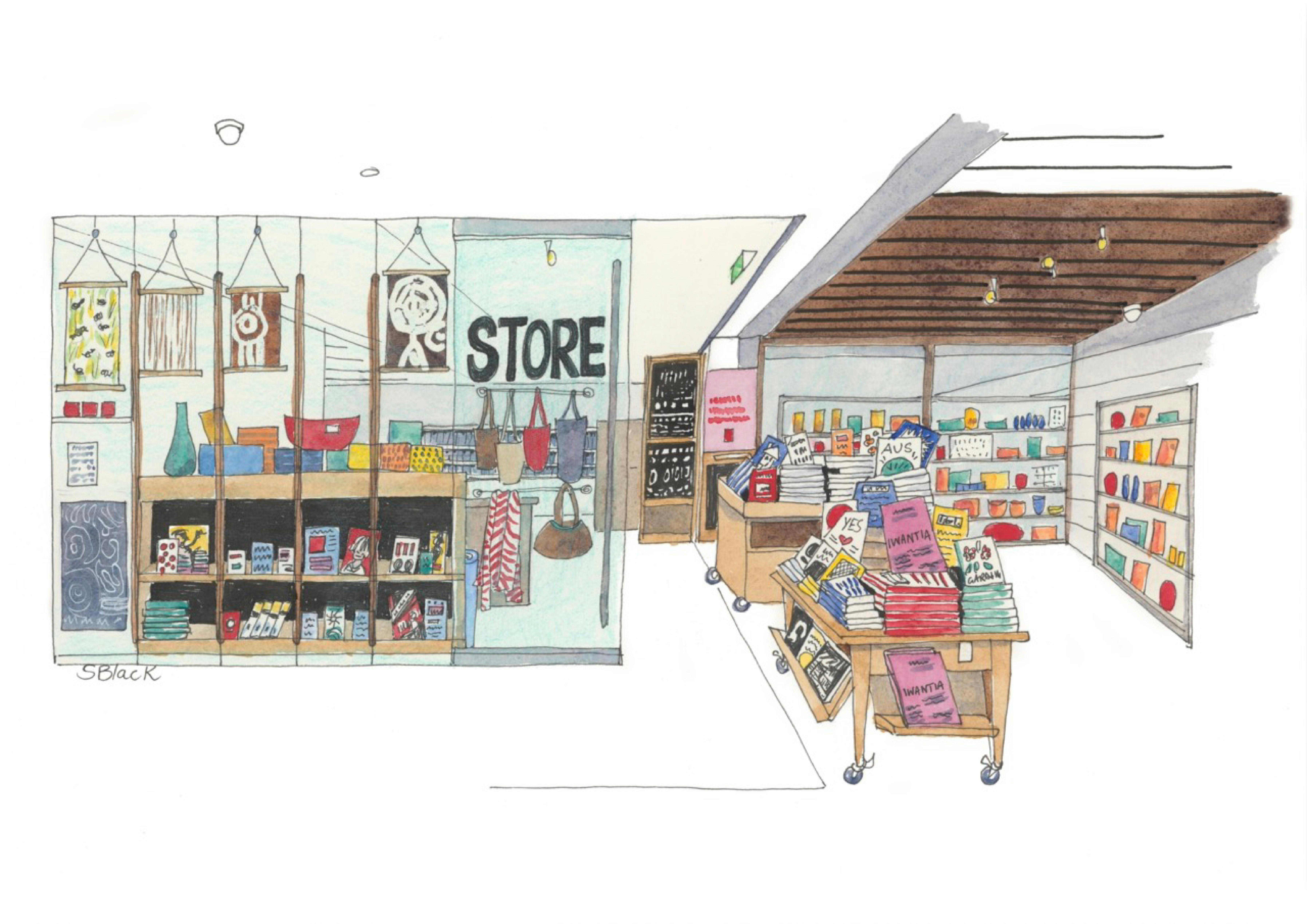 A watercolour painting of a book shop with text that reads Store