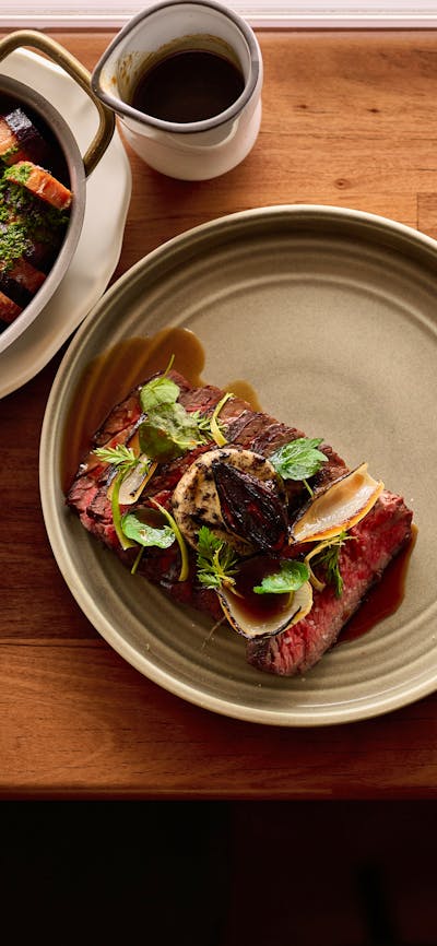 Carrots + Carrot Top Chimmichurri, Wagyu Flank, Crispy Sprouts + Mimolette