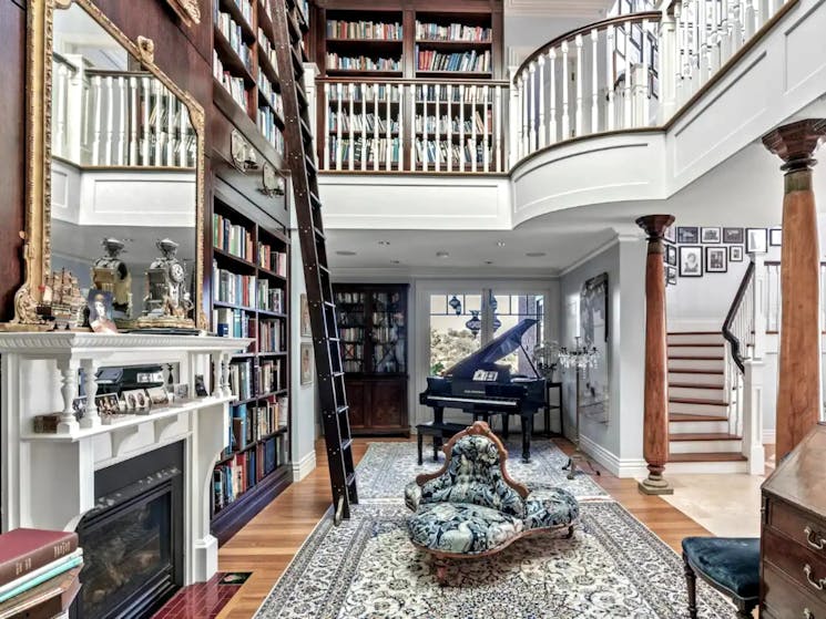 The home features a cozy library
