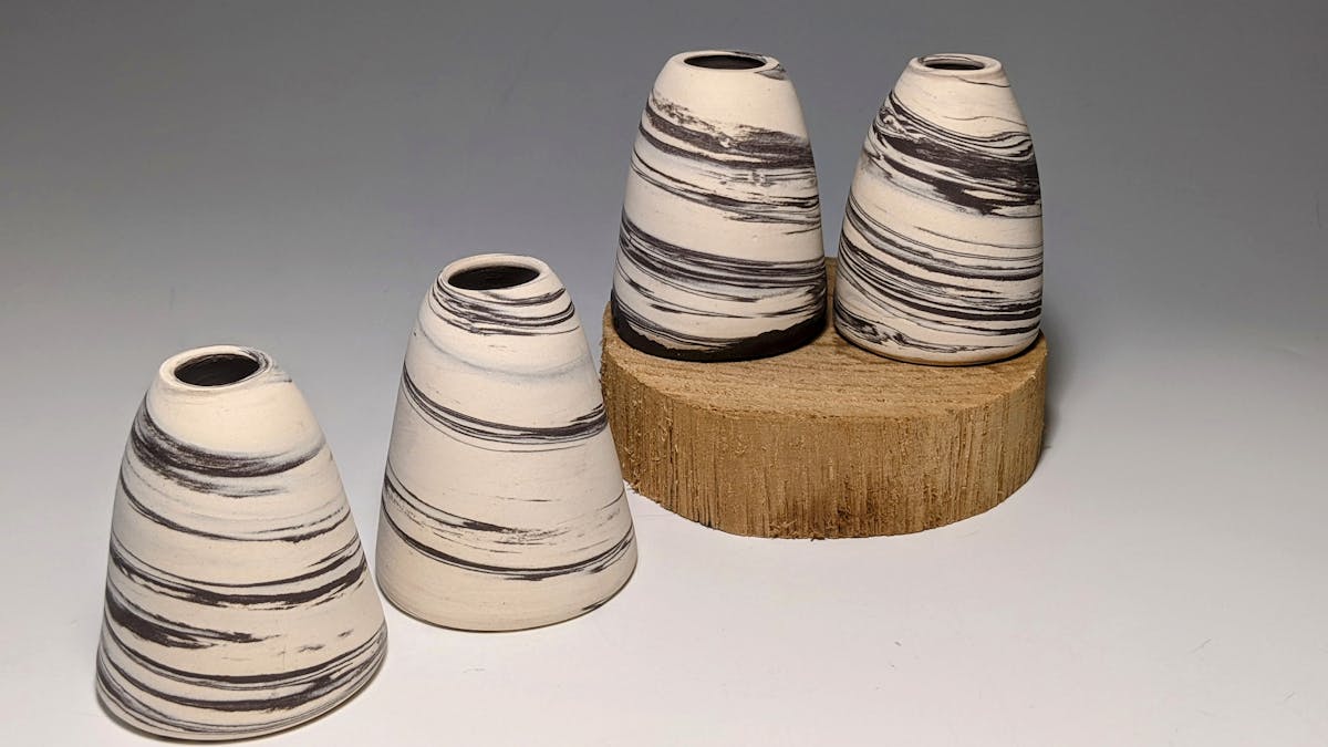 Porcelain marbled bud vases by PJ Pottery