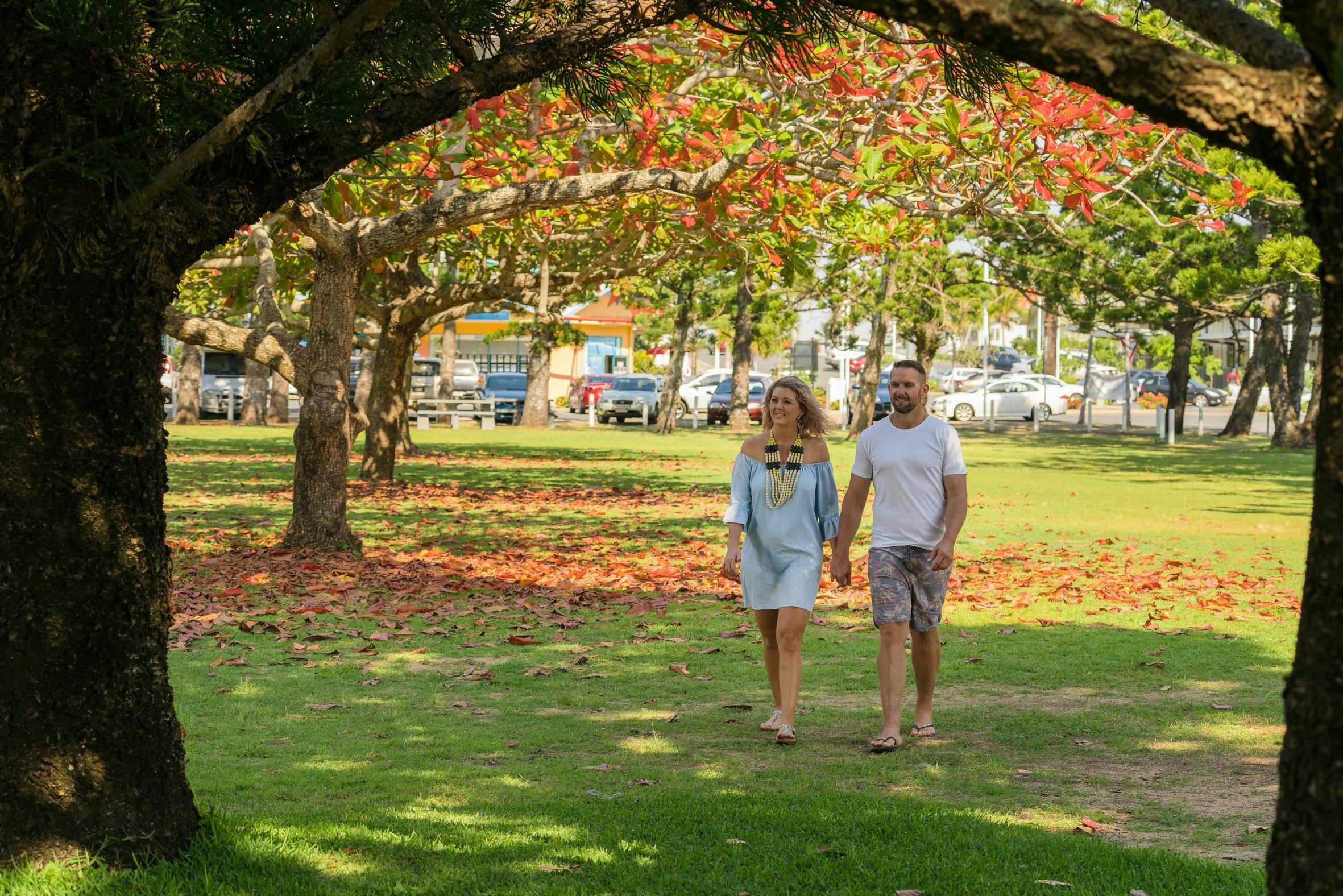 bell park, emu park, couple, walking, capricorn coast, trees