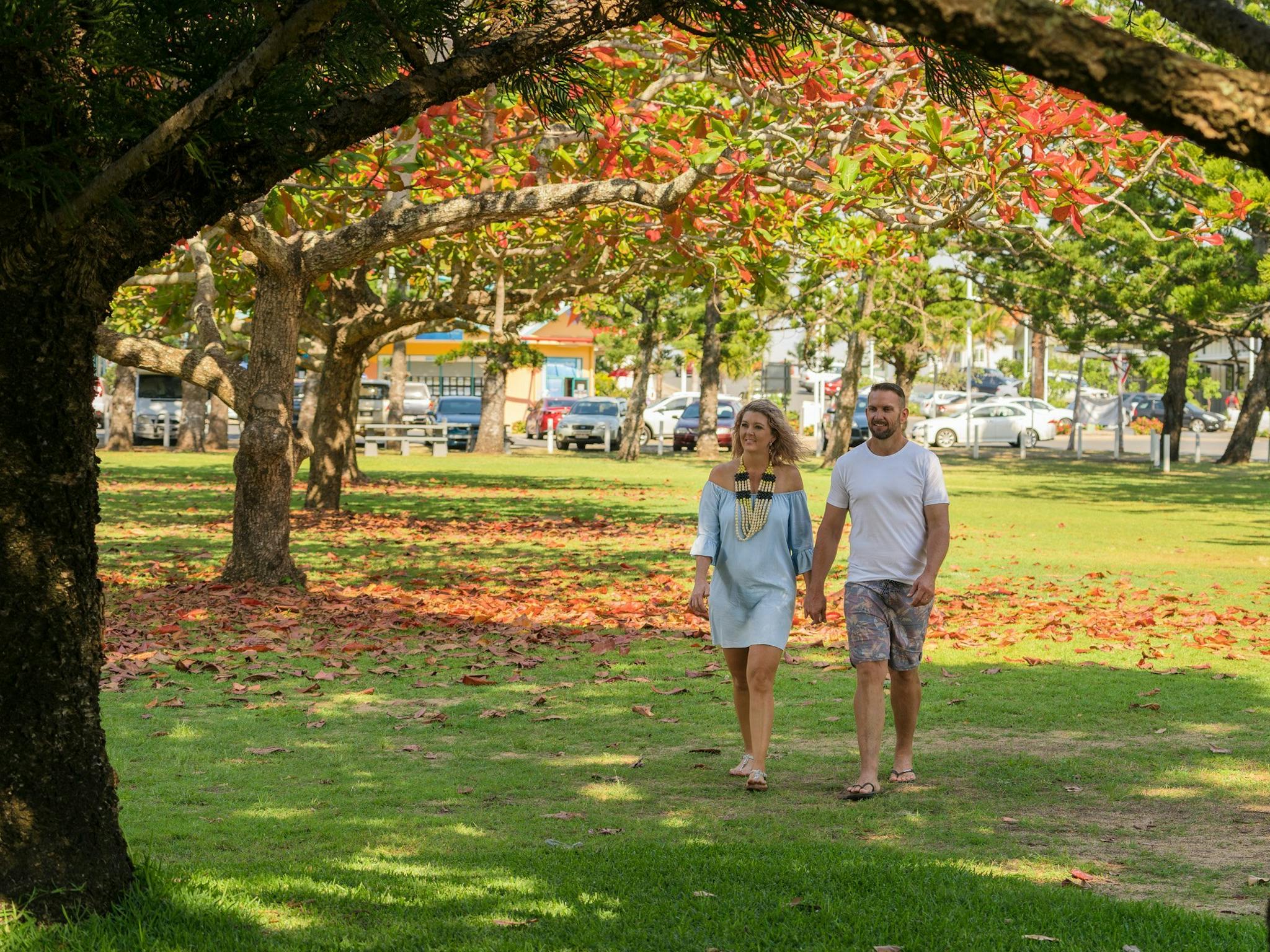 bell park, emu park, couple, walking, capricorn coast, trees