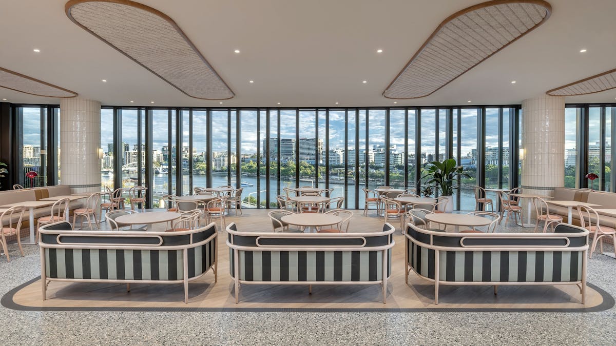 restaurant seating overlooking the river