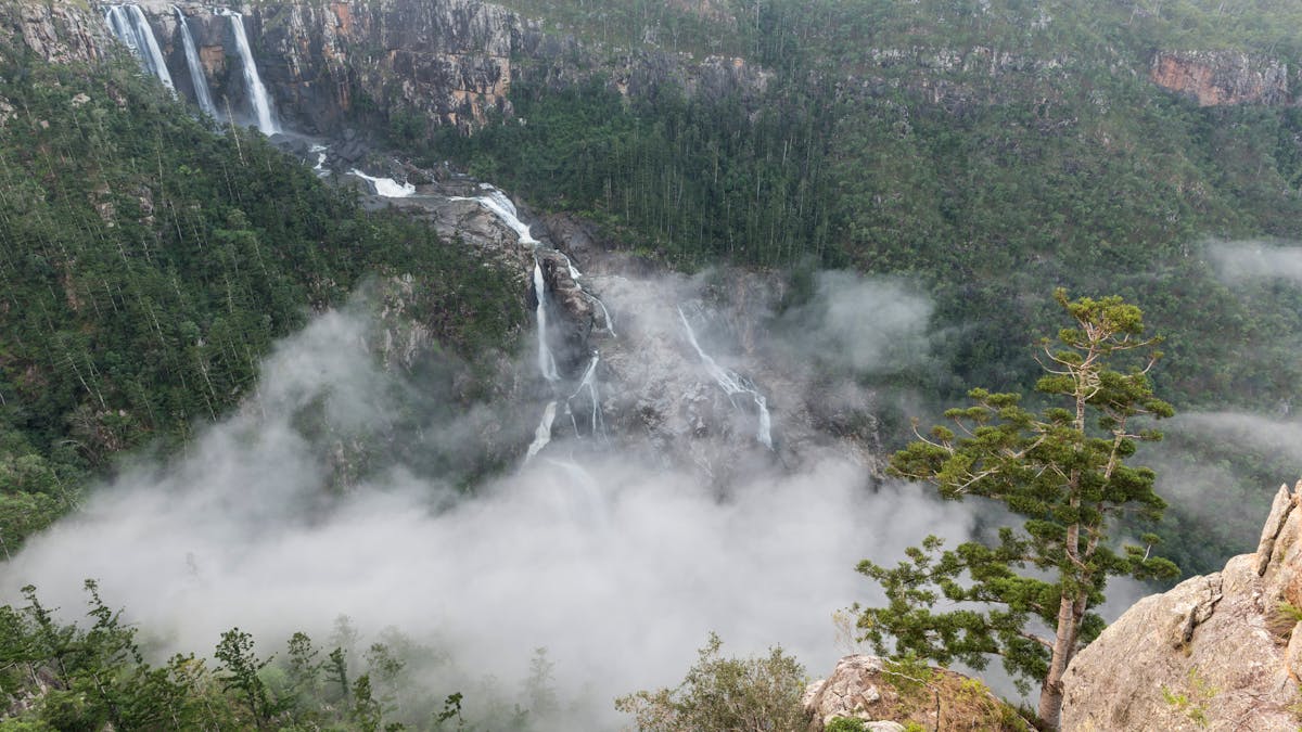Water falls over rocky gorge, covered in cloud and mist surrounded by forest.