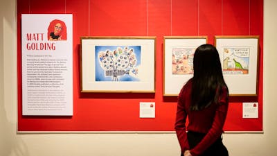 Woman views framer political cartoon in gallery.