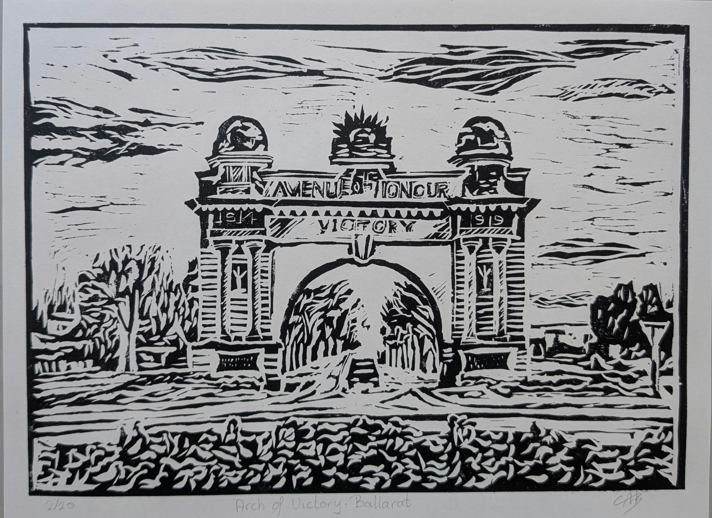 black and white linoprint of Remembrance Drive, Ballarat with trees, cars and cloudy sky