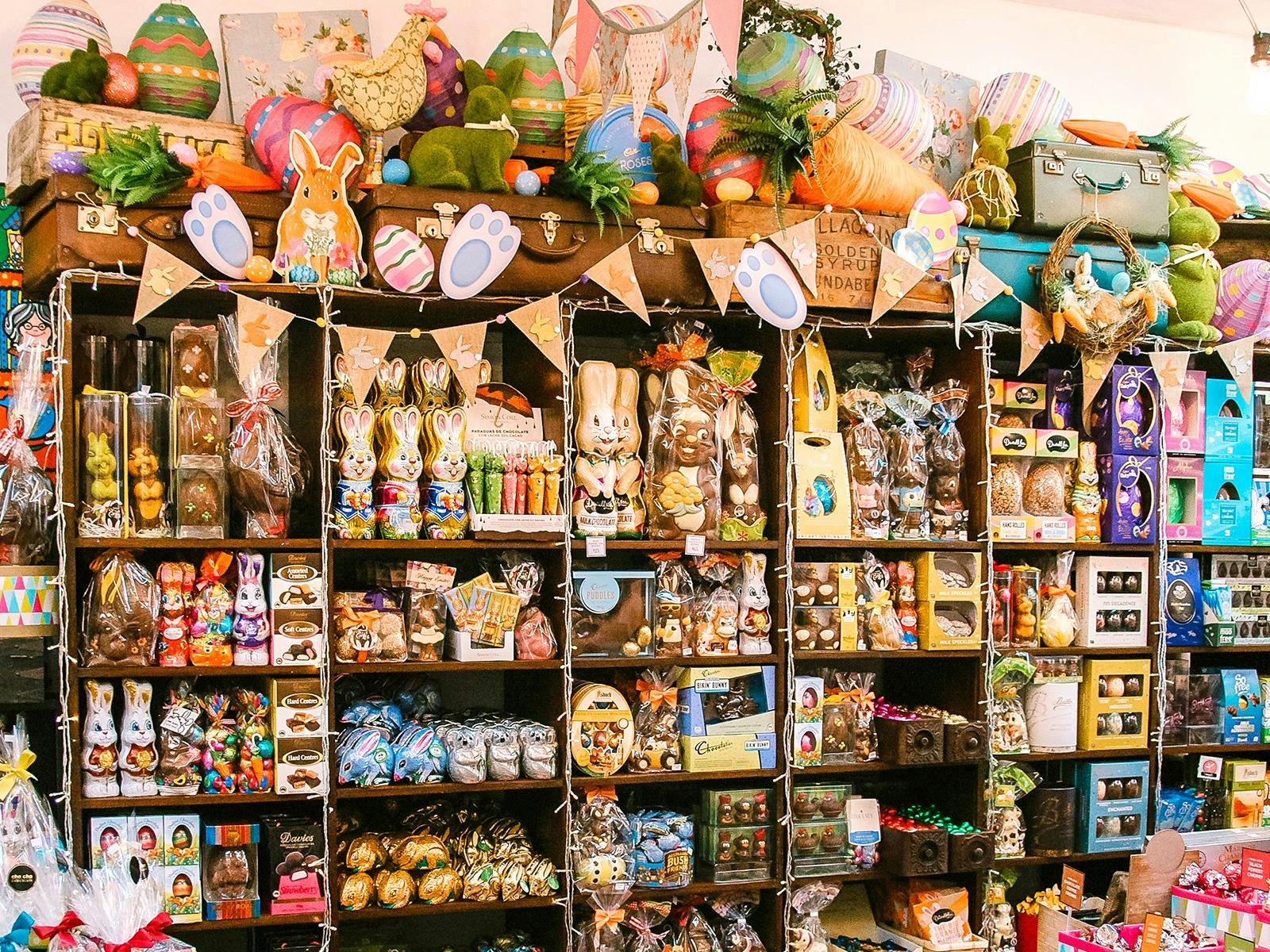 Easter at Cha Cha Chocolate has shelves overflowing with chocolate bunnies, eggs and Easter gifts.
