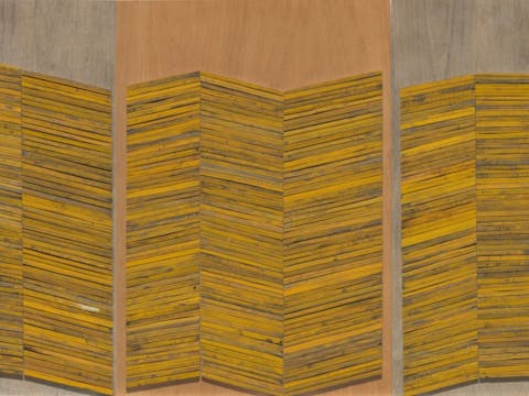 Painted and stencilled sawn or split wood from soft-drink boxes, on weathered plywood panels.