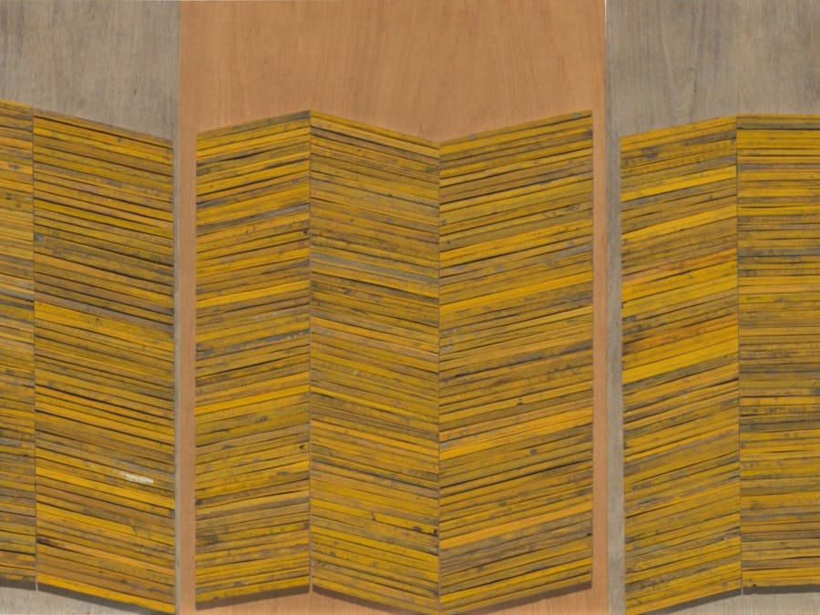 Painted and stencilled sawn or split wood from soft-drink boxes, on weathered plywood panels.