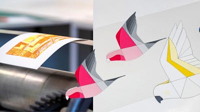 printing press with 2d galahs and cockatoo flying over