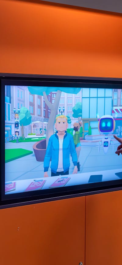 Woman playing touchscreen game in DemocraCity