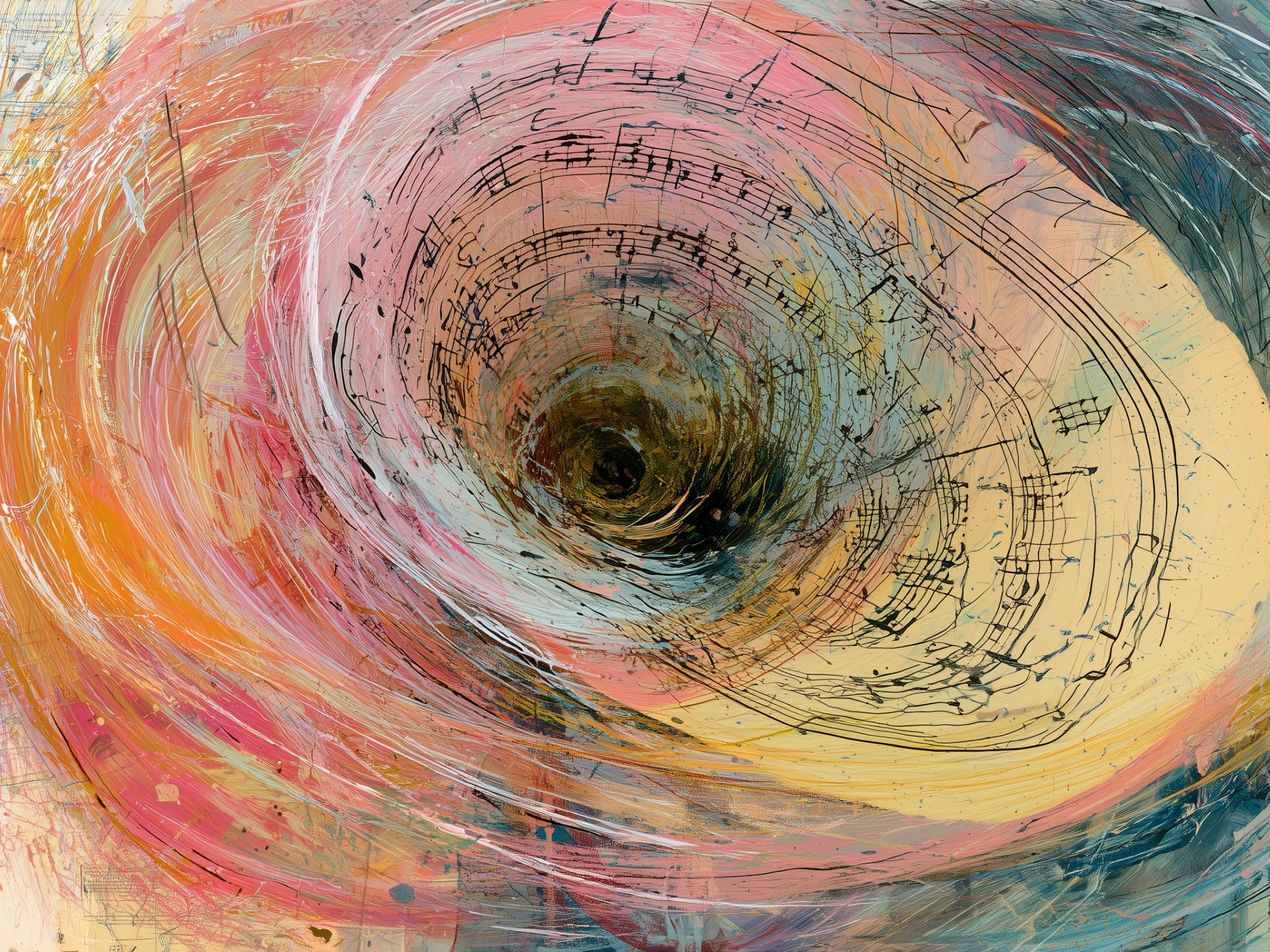 A swirling musical score becomes an abstract artwork with pastel brush strokes