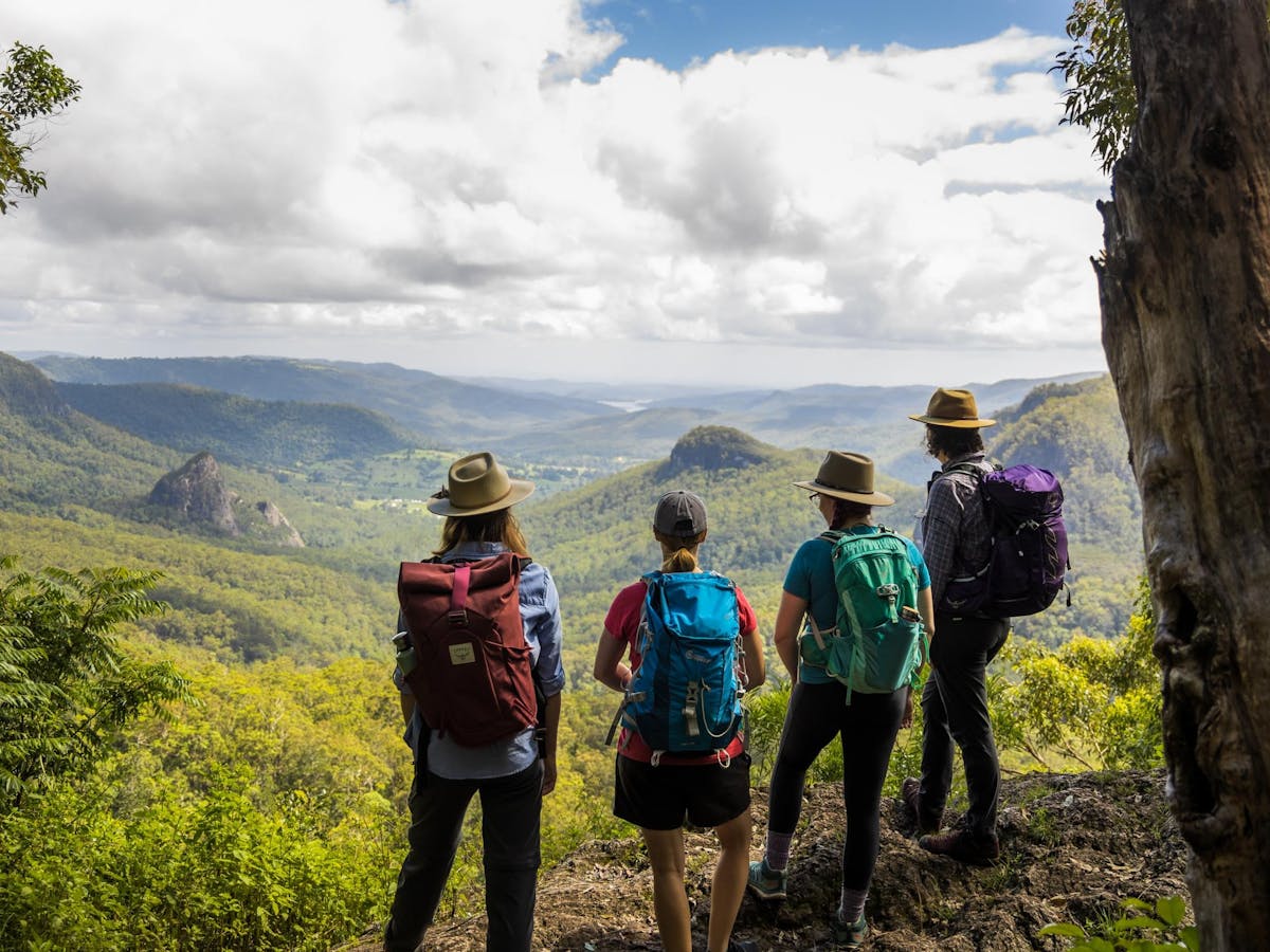 Four hikers with backpacks admire the view to the mountains and valley below