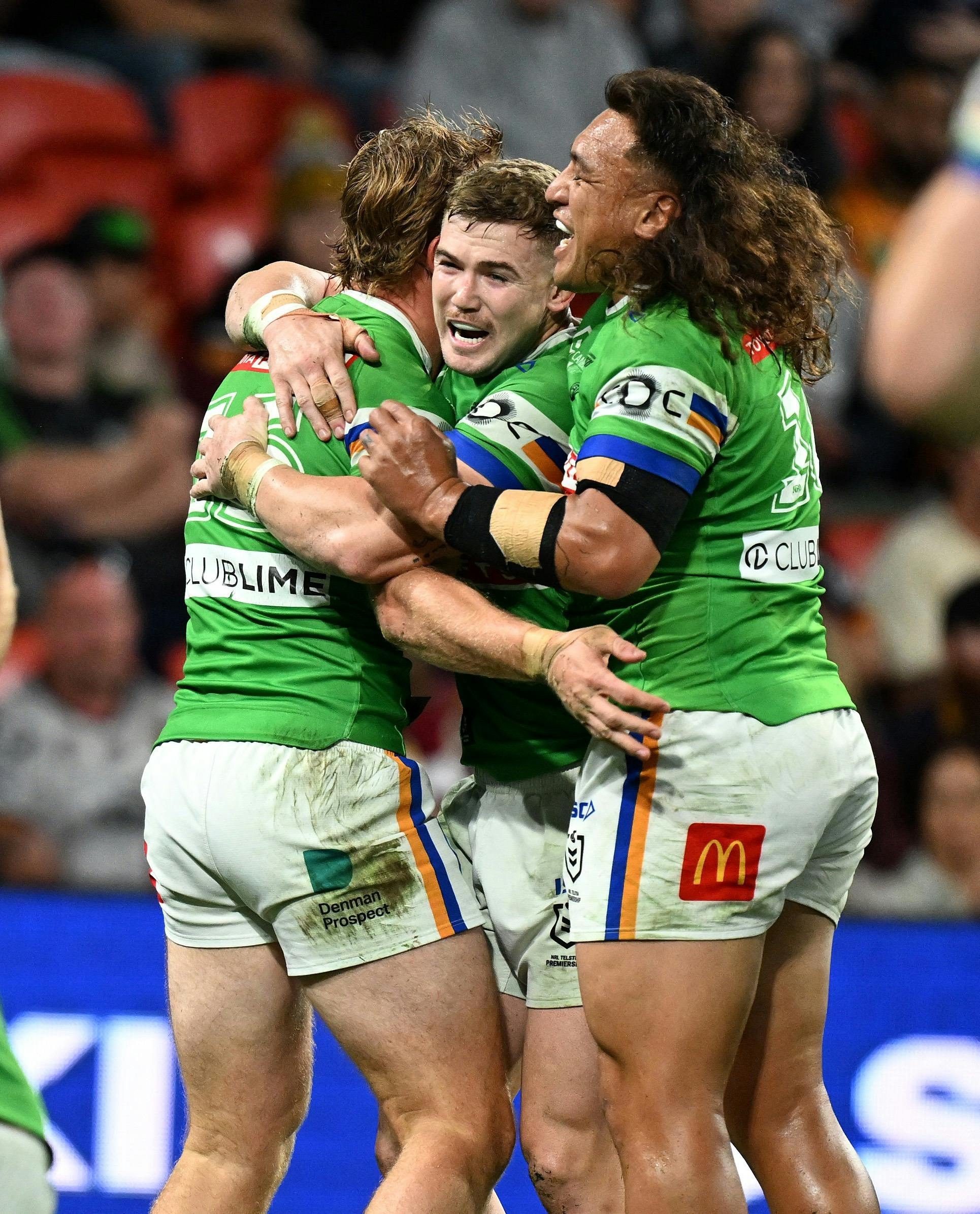 Canberra Raiders player Hudson Young celebrating.