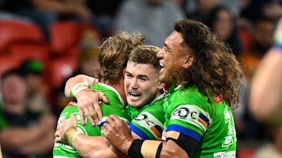 Canberra Raiders player Hudson Young celebrating.