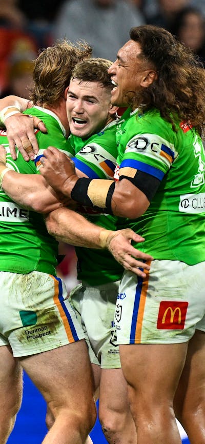 Canberra Raiders player Hudson Young celebrating.