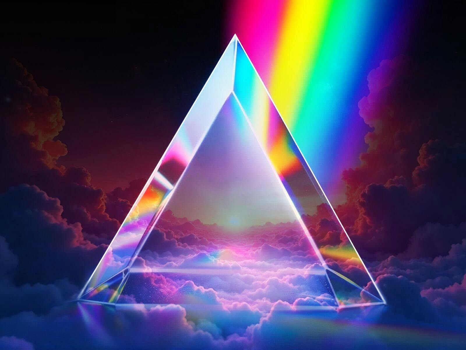 A glass triangle sits in front of clouds, with a rainbow refracting through it