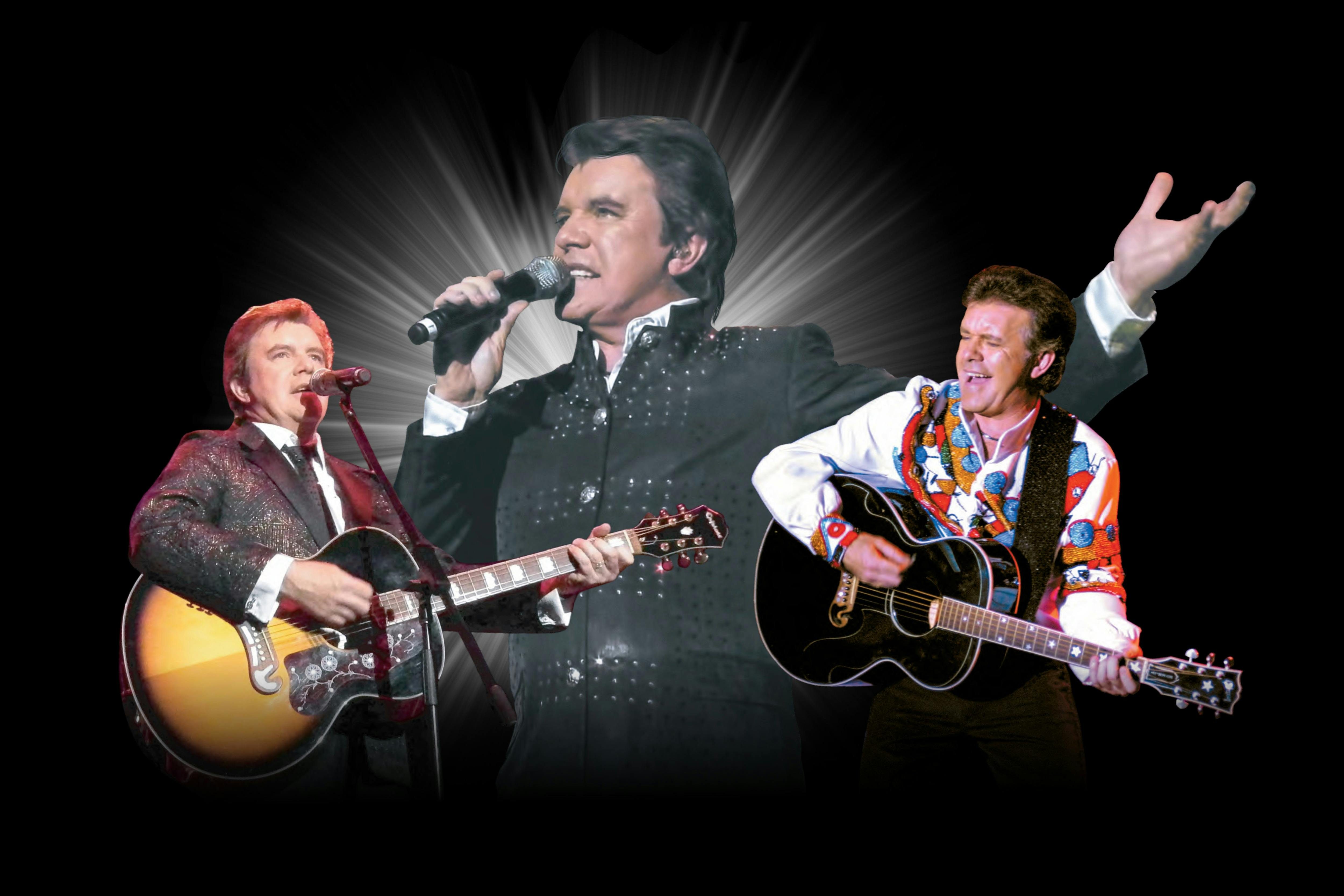Three images of a white man performing with a mic and guitar, he wears various outfits