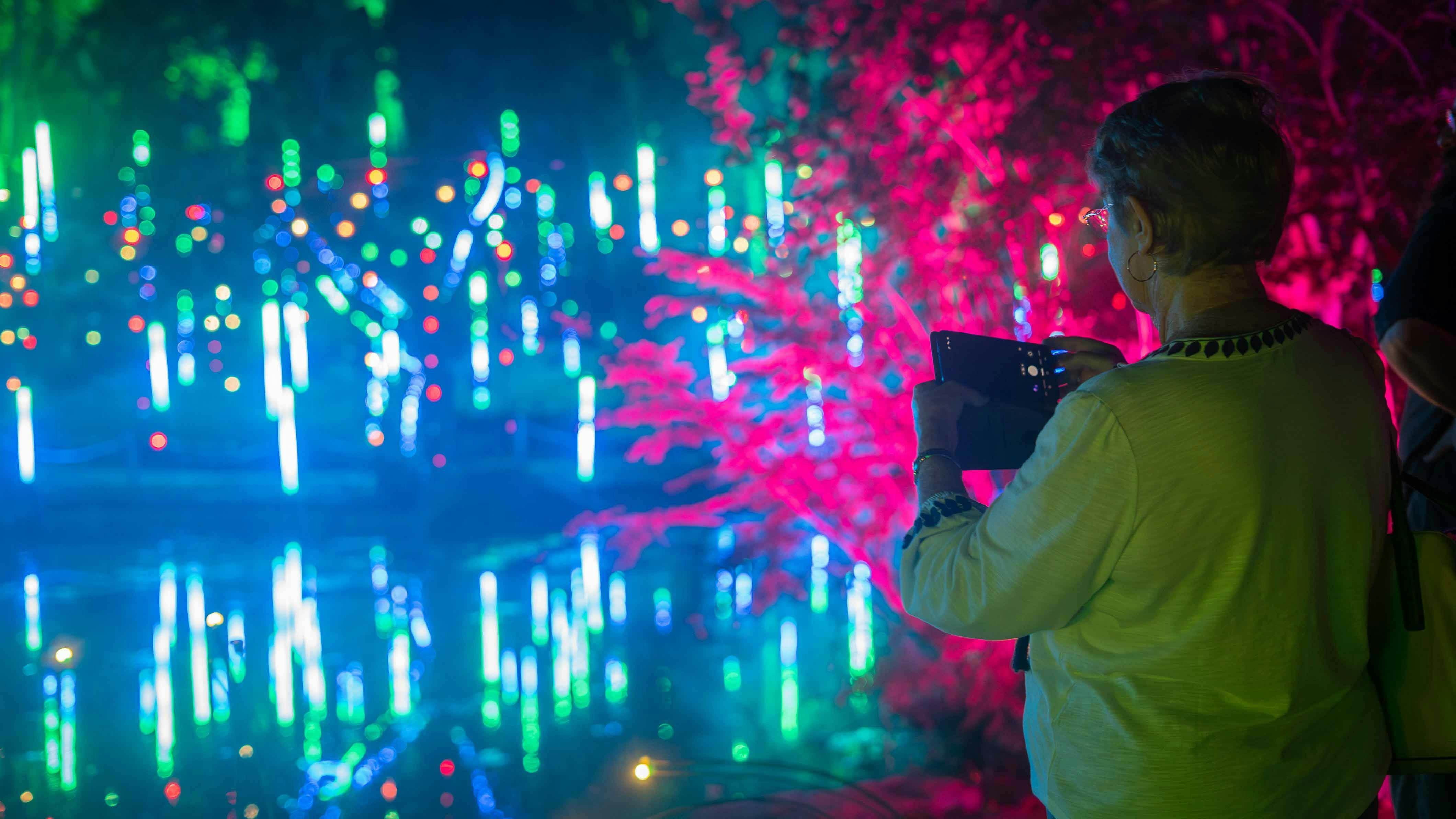 A lady photographs blue, green and pink lights reflecting over the lake at Radiance Rockhampton