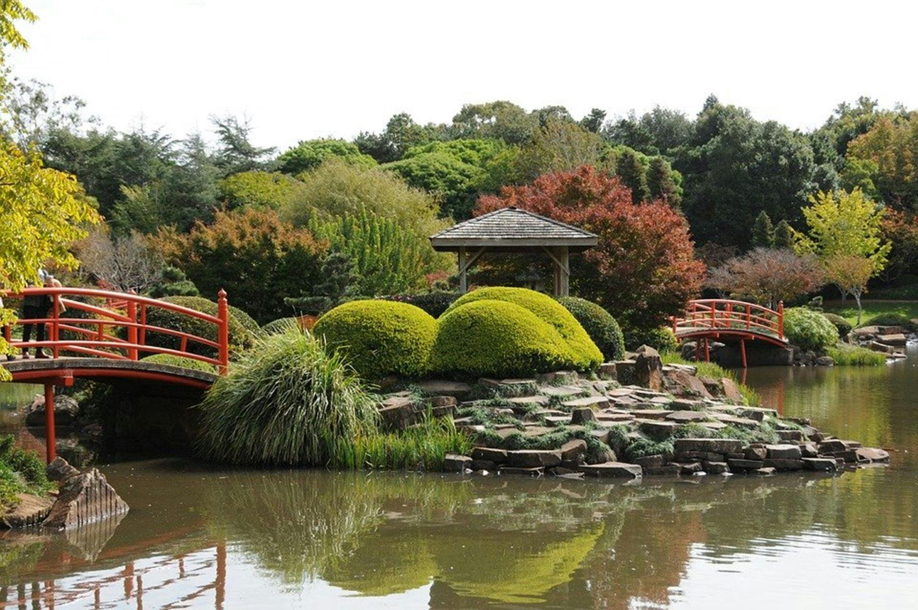 A Japanese style garden featuring a lake, a red bridge and a gazebo