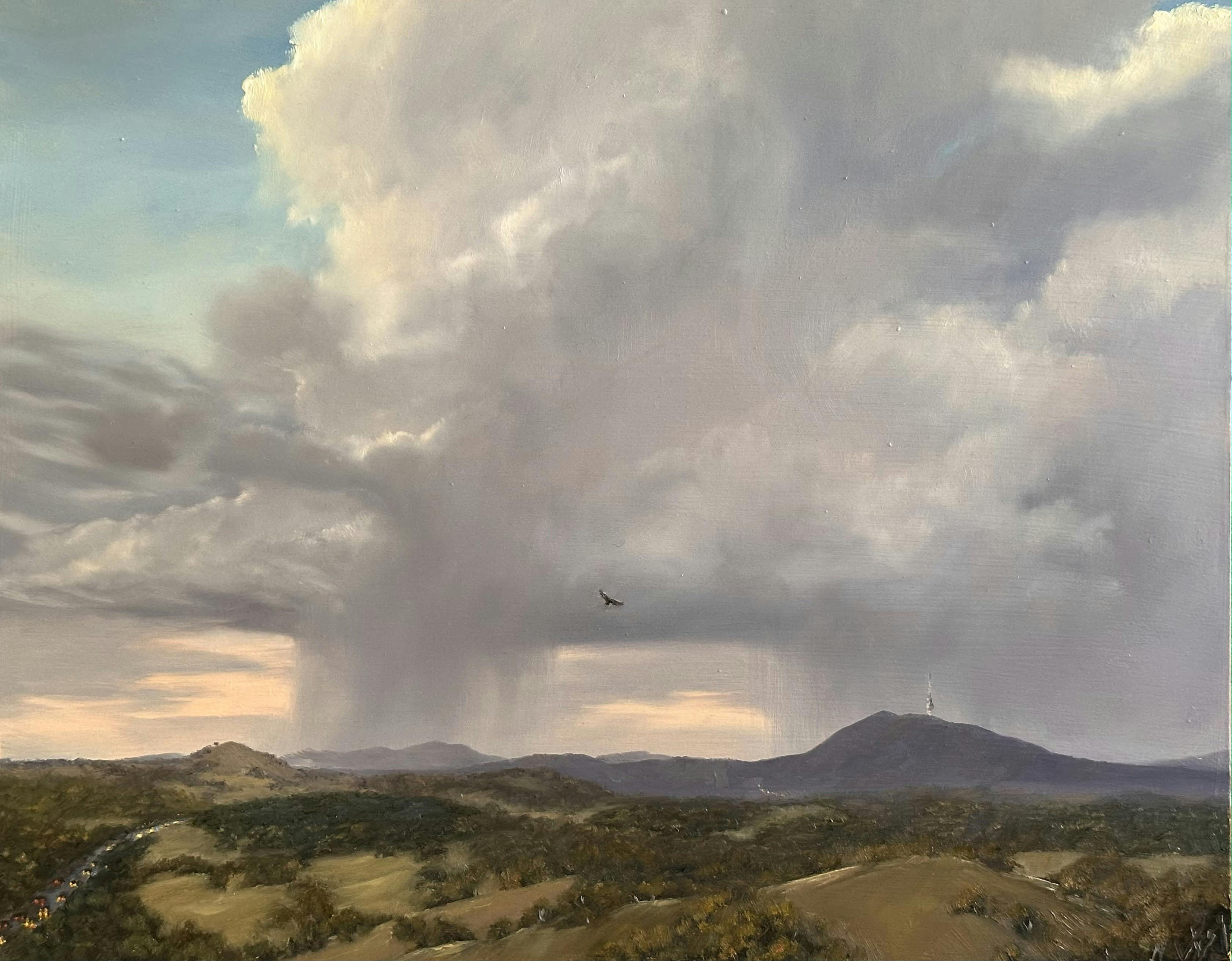 Landscape painting with view of storm, by Penny Deacon.
