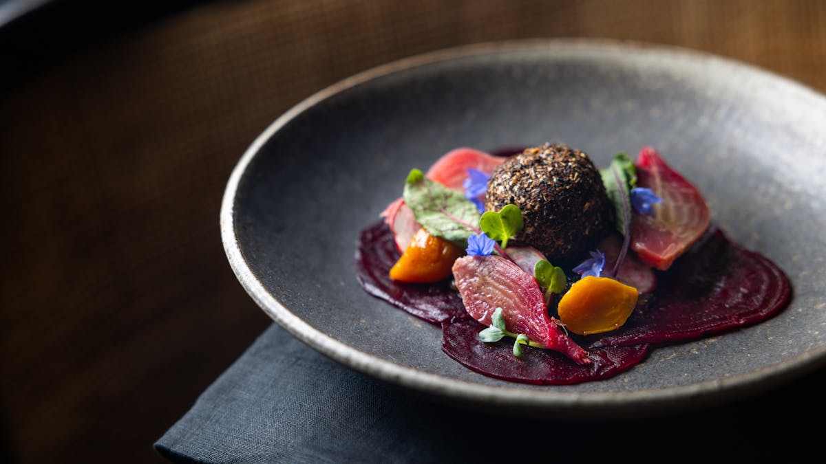 Little White Goats Cheese, Salt Baked Beetroot, Burnt Onion Jam, Leek Ash
