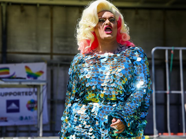 The photo depicts a drag queen with a shimmery blue dress, blonde and pink hair on a stage