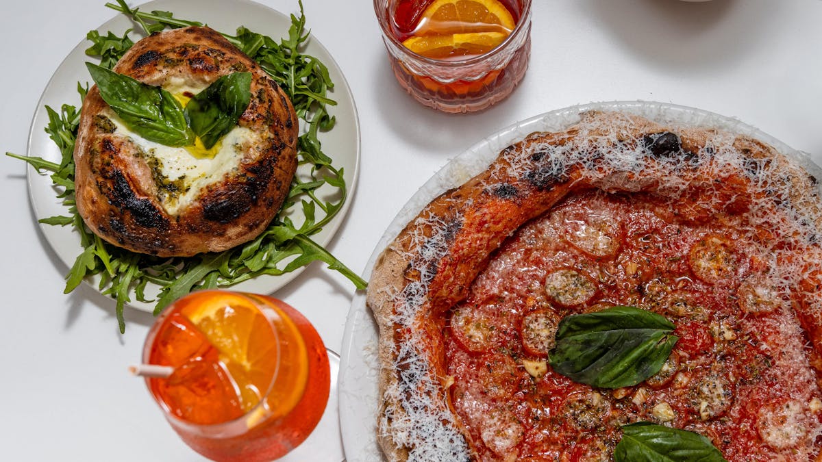 Burrata al Forno, Aperol Spritz and Marinara Pizza