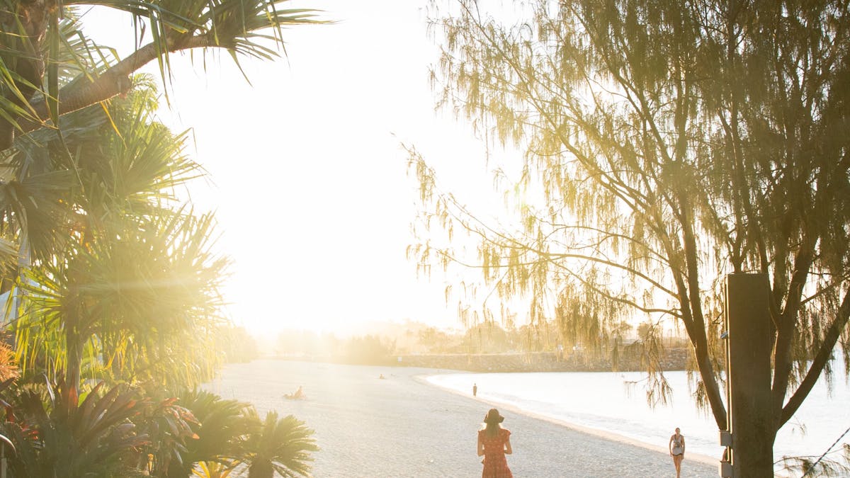 Person at the end of the path onto the beach surrounded by trees with more people in distance