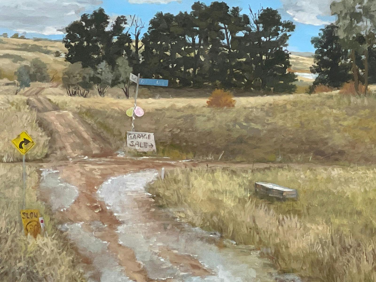 Oil painting of dirt road, puddles, Garage sale sign, balloons, paddocks and trees